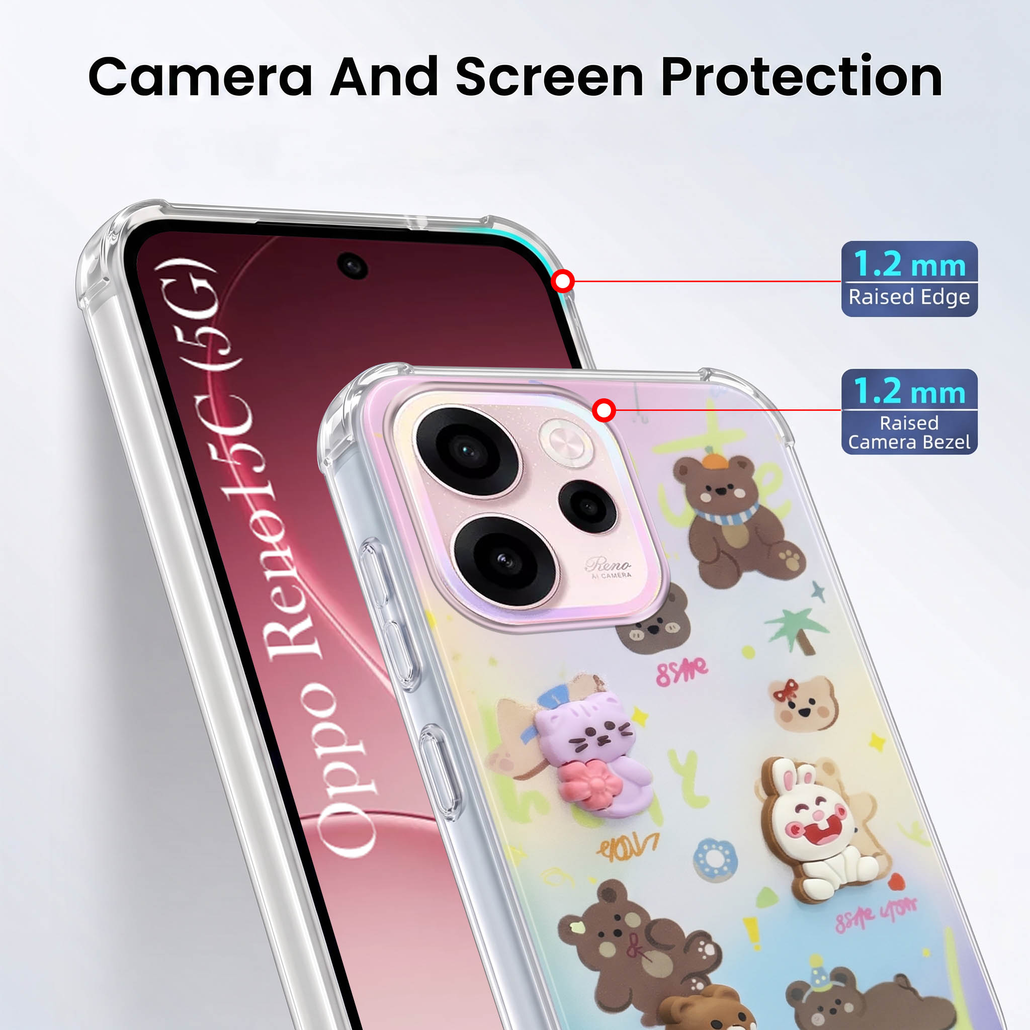 For Oppo Reno 15c Back Cover Case (3D Cute Cartoons | Hard Back Side Soft | Matte Premium Finish | HD Printing)