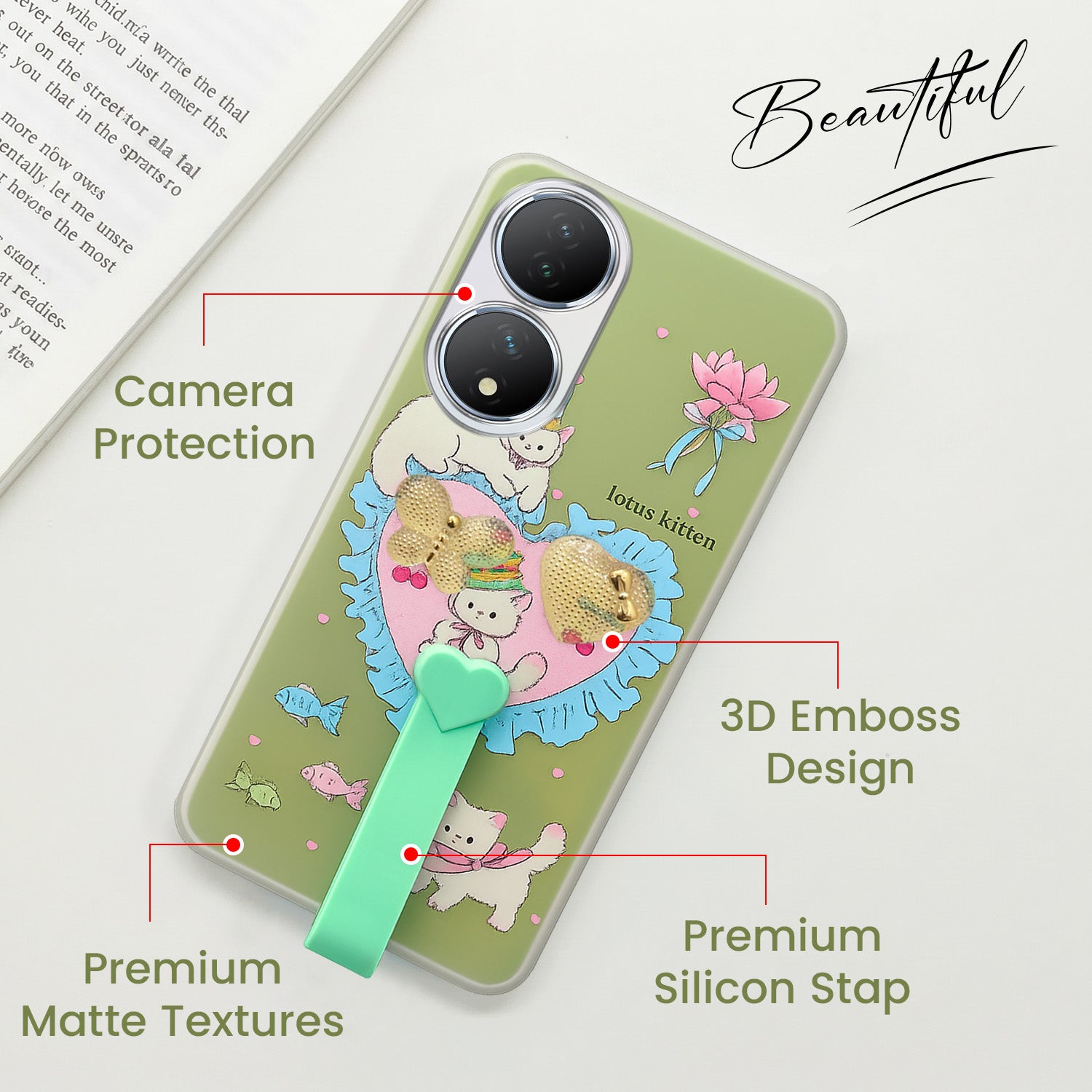 For Vivo Y100 Back Cover Case (3D Cute Heart Strap Holder | Camera Protection | Designer Girls Print)