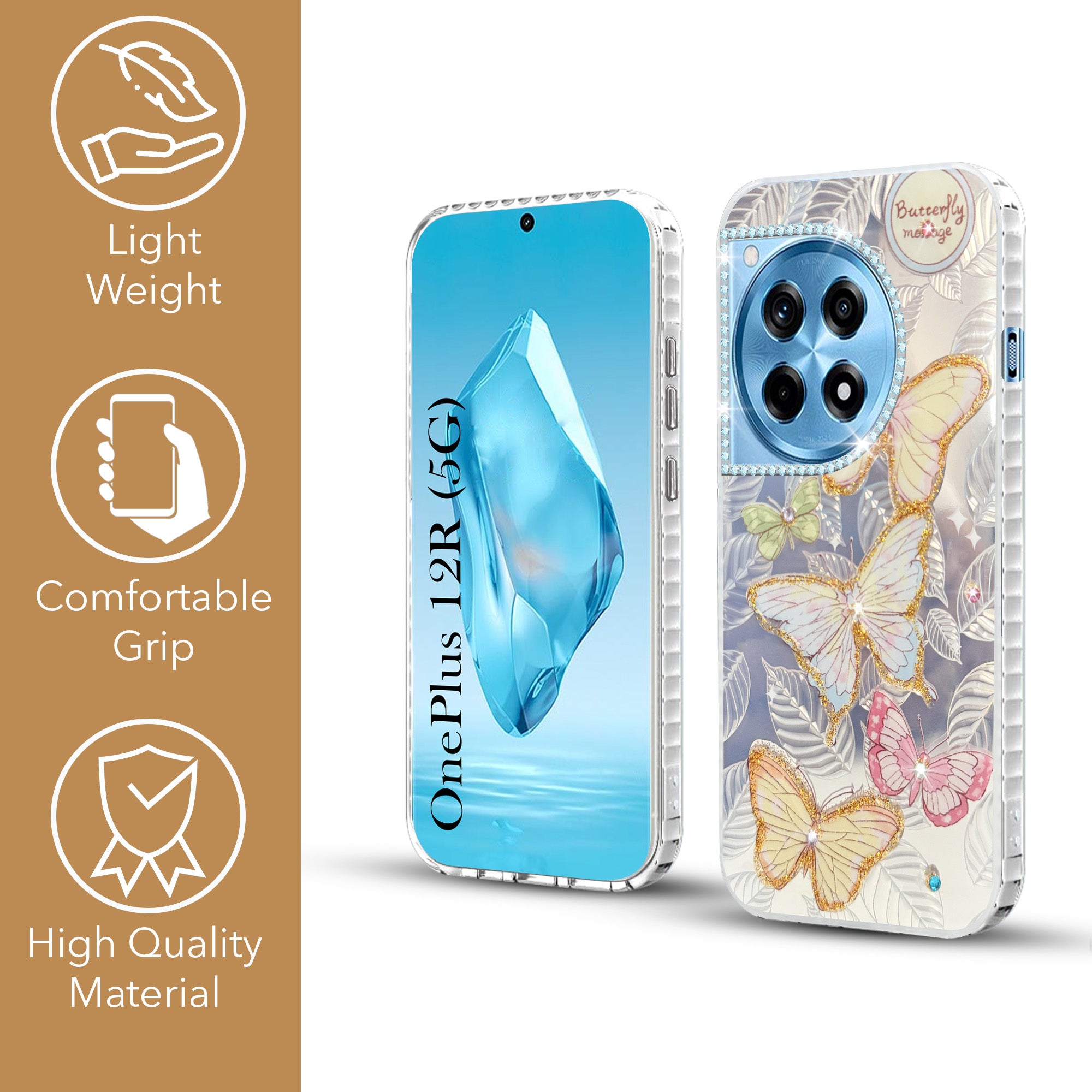 For OnePlus 12R 5G Back Cover Case (Luxury Floral Glitter Cute Butterfly | Diamond Studded Camera Bump | Girls & Women Design)