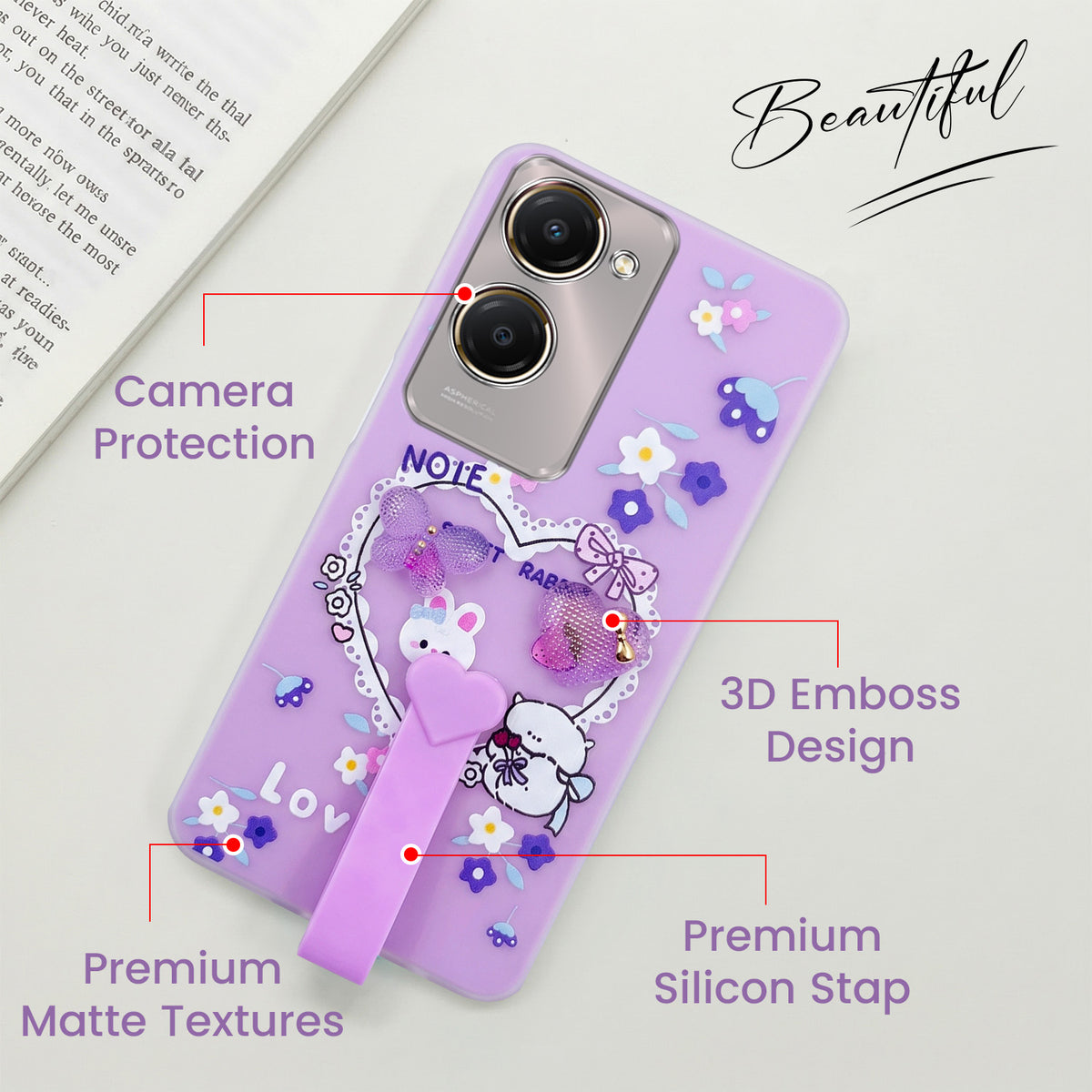 For Vivo Y28s 5G | Vivo T3 Lite 5G Back Cover Case (3D Cute Heart Strap Holder | Camera Protection | Designer Girls Print)