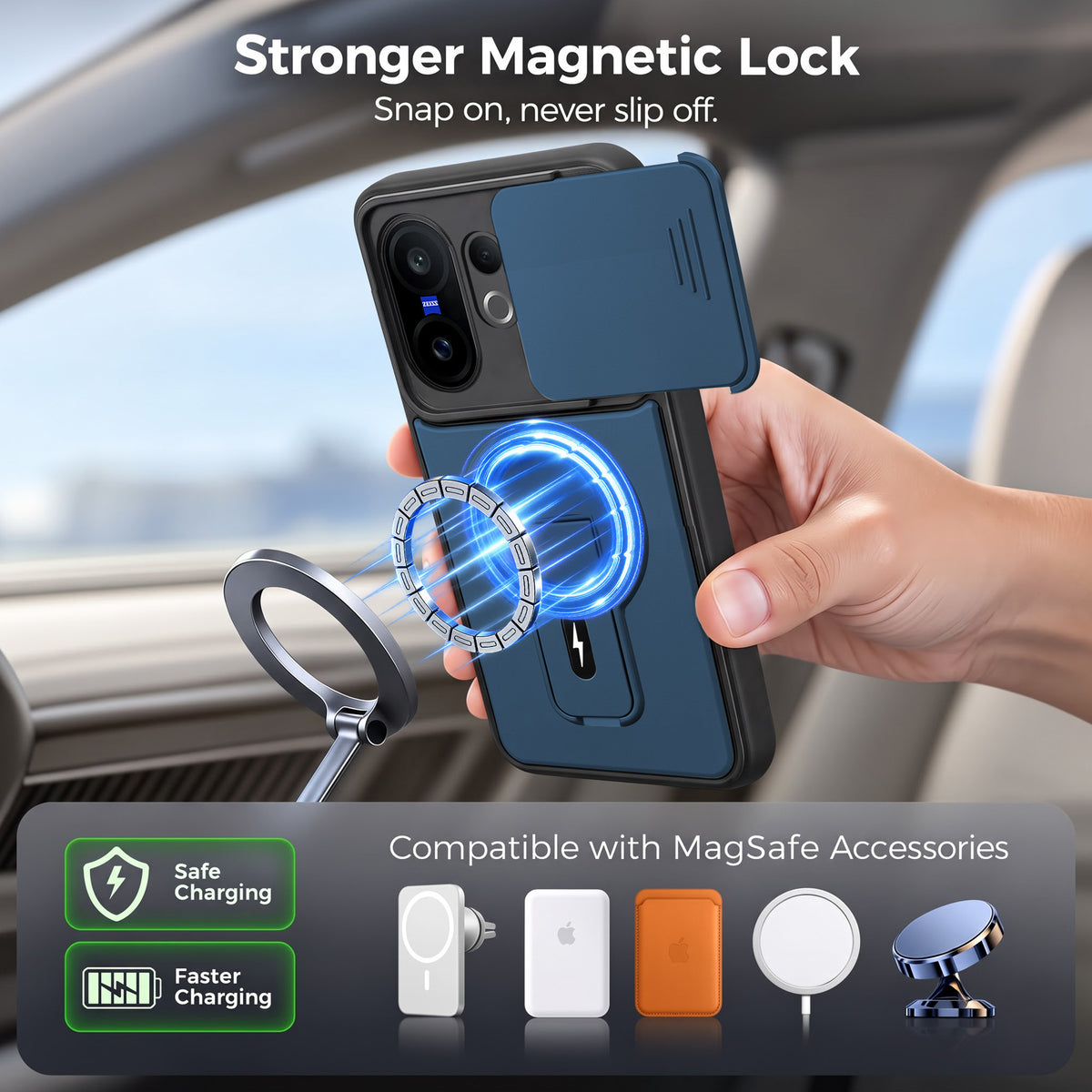 For Vivo X200 FE Back Case Cover Metallic (Hybrid Armor Kickstand | Sliding Shutter Camera Protection | MagSafe Compatible)