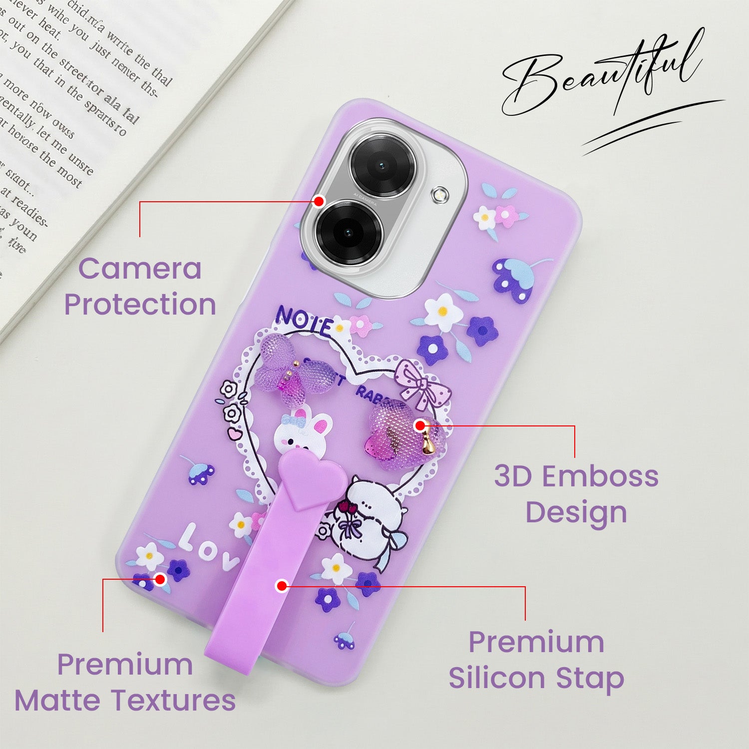 For Redmi A5 4G Back Cover Case (3D Cute Heart Strap Holder | Camera Protection | Designer Girls Print)