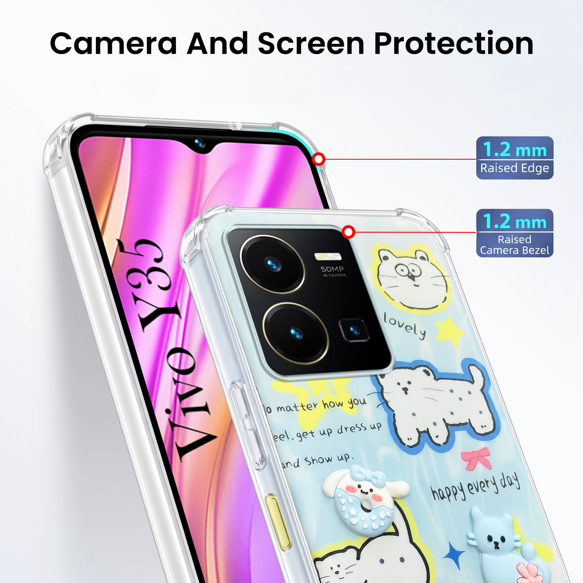 For Vivo Y35 Back Cover Case (3D Cute Cartoons | Hard Back Side Soft | Matte Premium Finish | HD Printing)