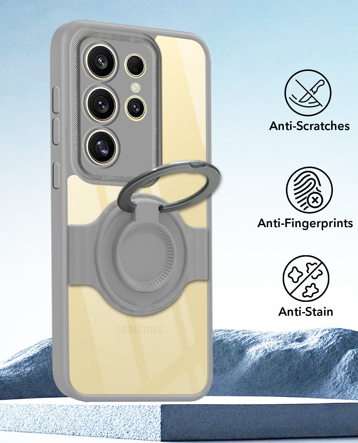 For Samsung Galaxy S24 Ultra Back Cover Case with stand (Built-in Ring Holder Kickstand | Lifetime Anti Yellow | Camera Protection)