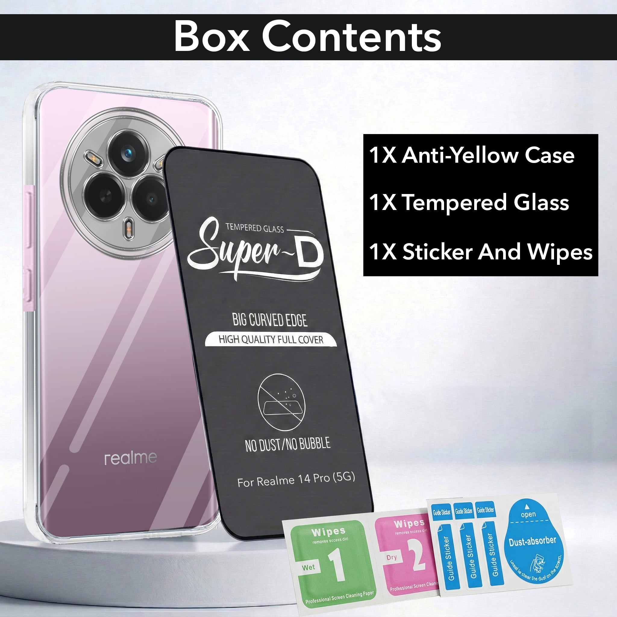 For Realme 14 Pro Combo with Back Cover and 9H Tempered Glass (Lifetime Anti-Yellow | Sleek Hard Crystal | Oleophobic Coating Screen Glass)