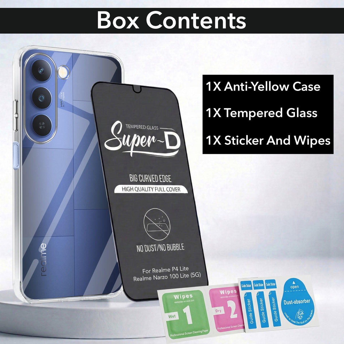 For Realme P4 Lite 5G | Narzo 100 Lite 5G Combo with Back Cover and 9H Tempered Glass (Lifetime Anti-Yellow | Sleek Hard Crystal | Oleophobic Coating Screen Glass)