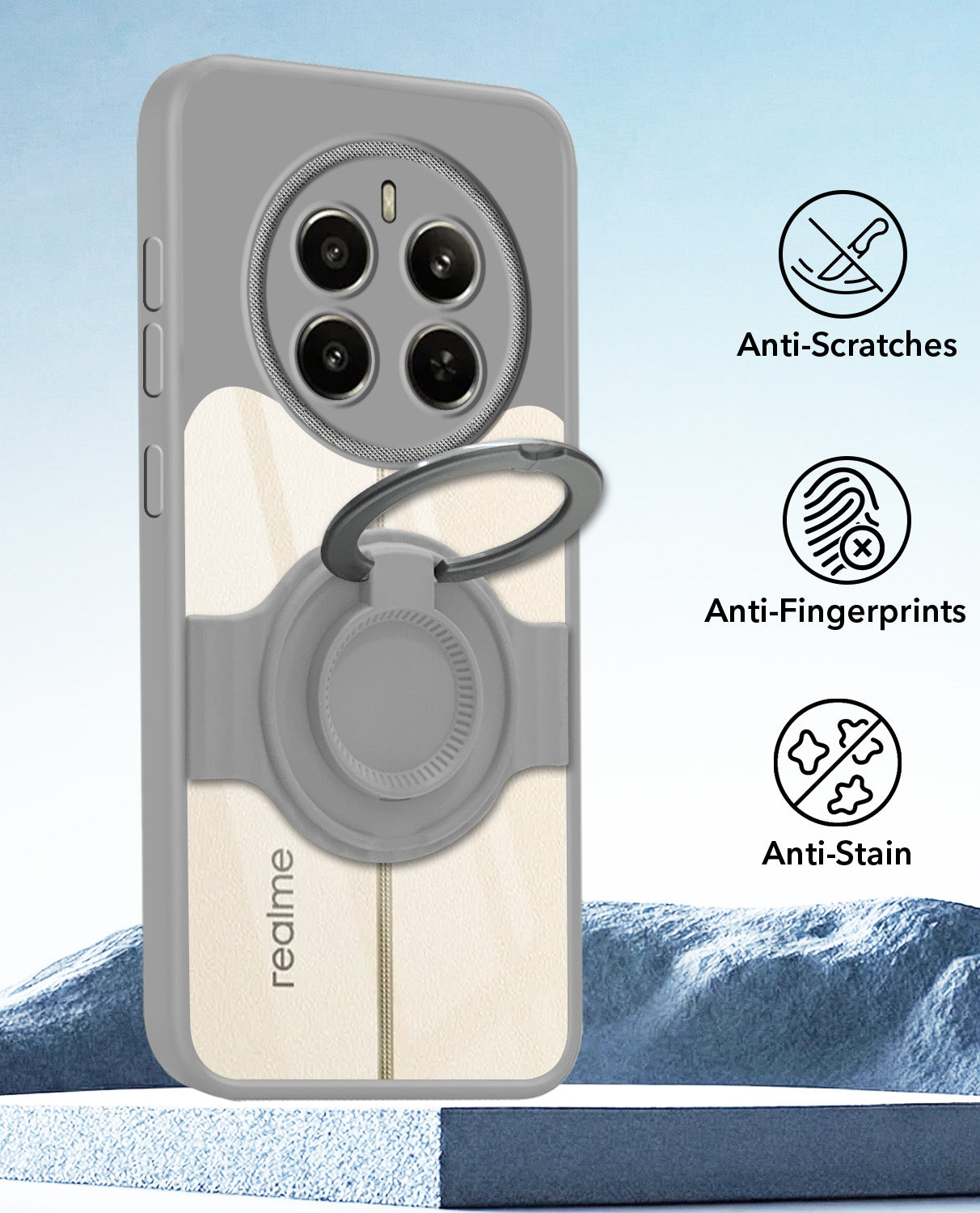 For Realme 12 Plus Back Cover Case with stand (Built-in Ring Holder Kickstand | Lifetime Anti Yellow | Camera Protection)