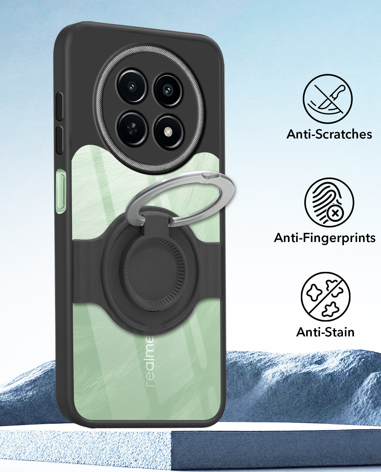 For Realme C65 5G Back Cover Case with stand (Built-in Ring Holder Kickstand | Lifetime Anti Yellow | Camera Protection)