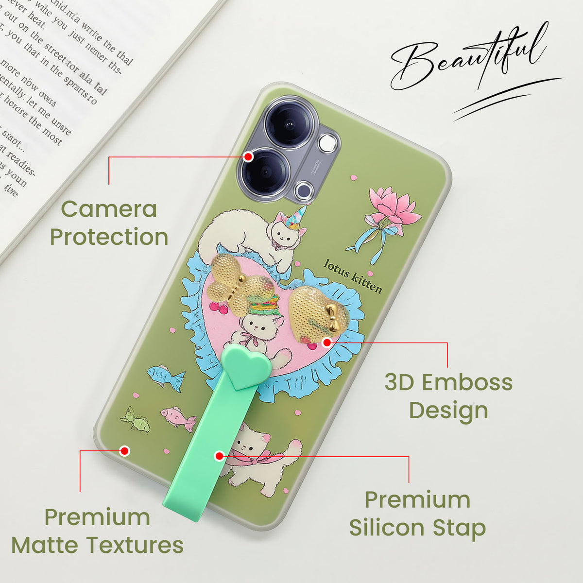 For Vivo Y05 (4G) | Vivo T5 Lite (5G) Back Cover Case (3D Cute Heart Strap Holder | Camera Protection | Designer Girls Print)