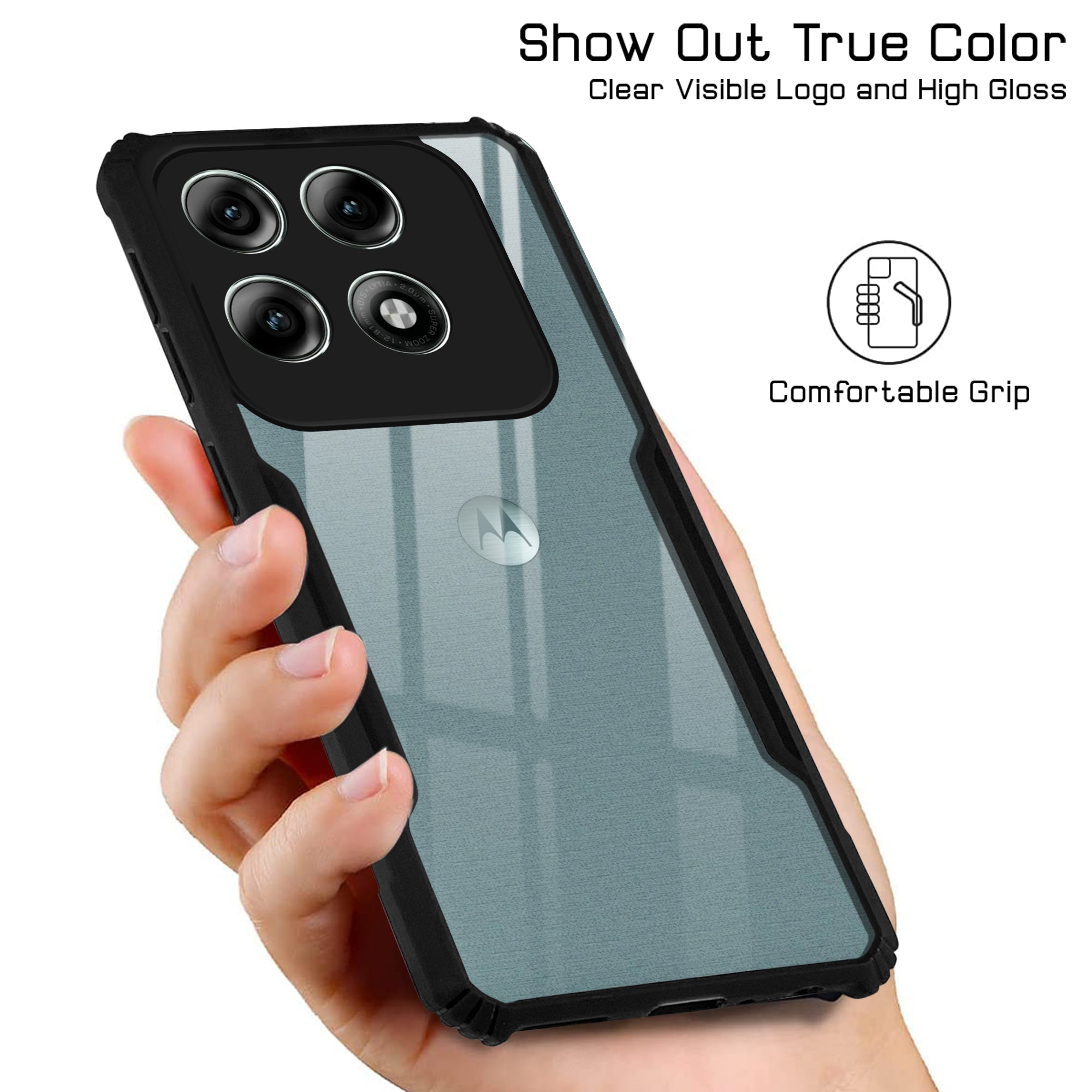 For Motorola Moto Edge 70 Pro Plus 5G Back Cover Case Hybrid (Shockproof with Polycarbonate Clear Panel | Professional Black)