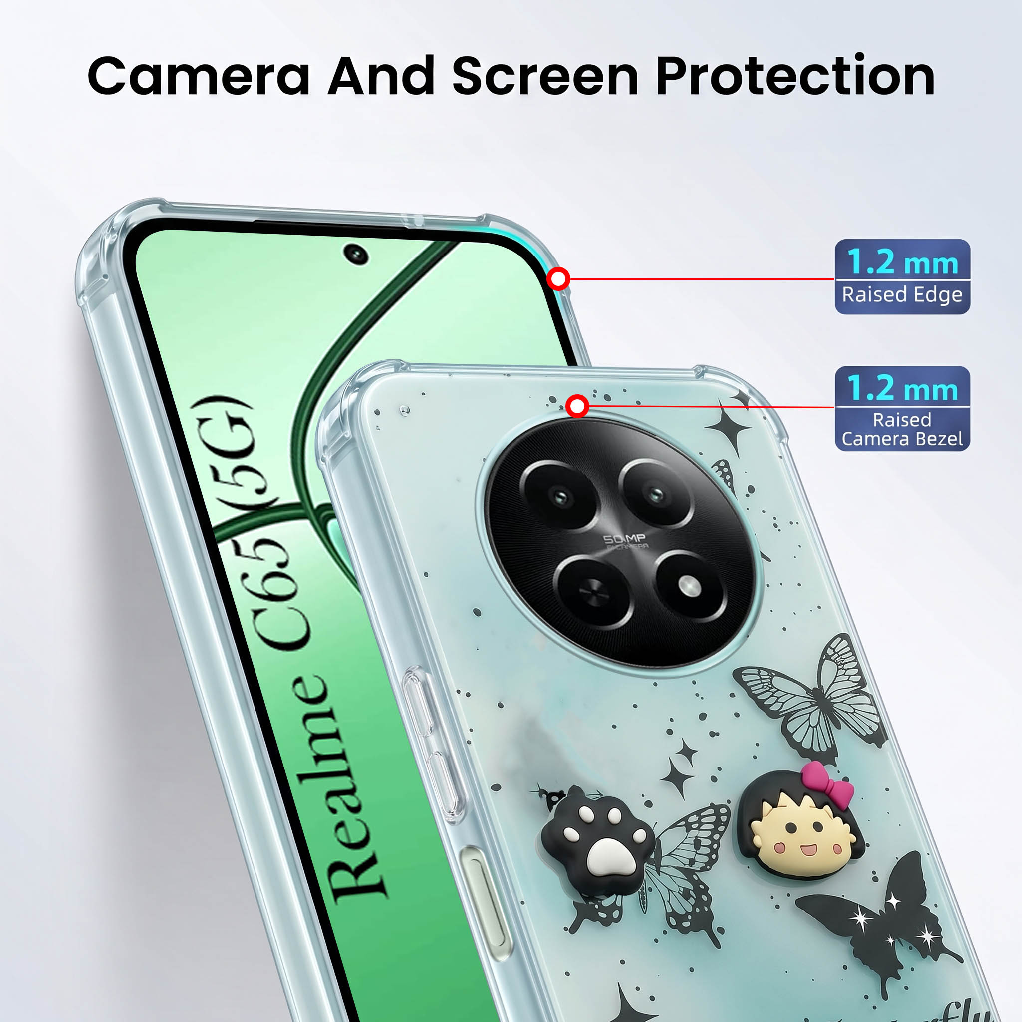 For Realme C65 5G Back Cover Case (3D Cute Cartoons | Hard Back Side Soft | Matte Premium Finish | HD Printing)
