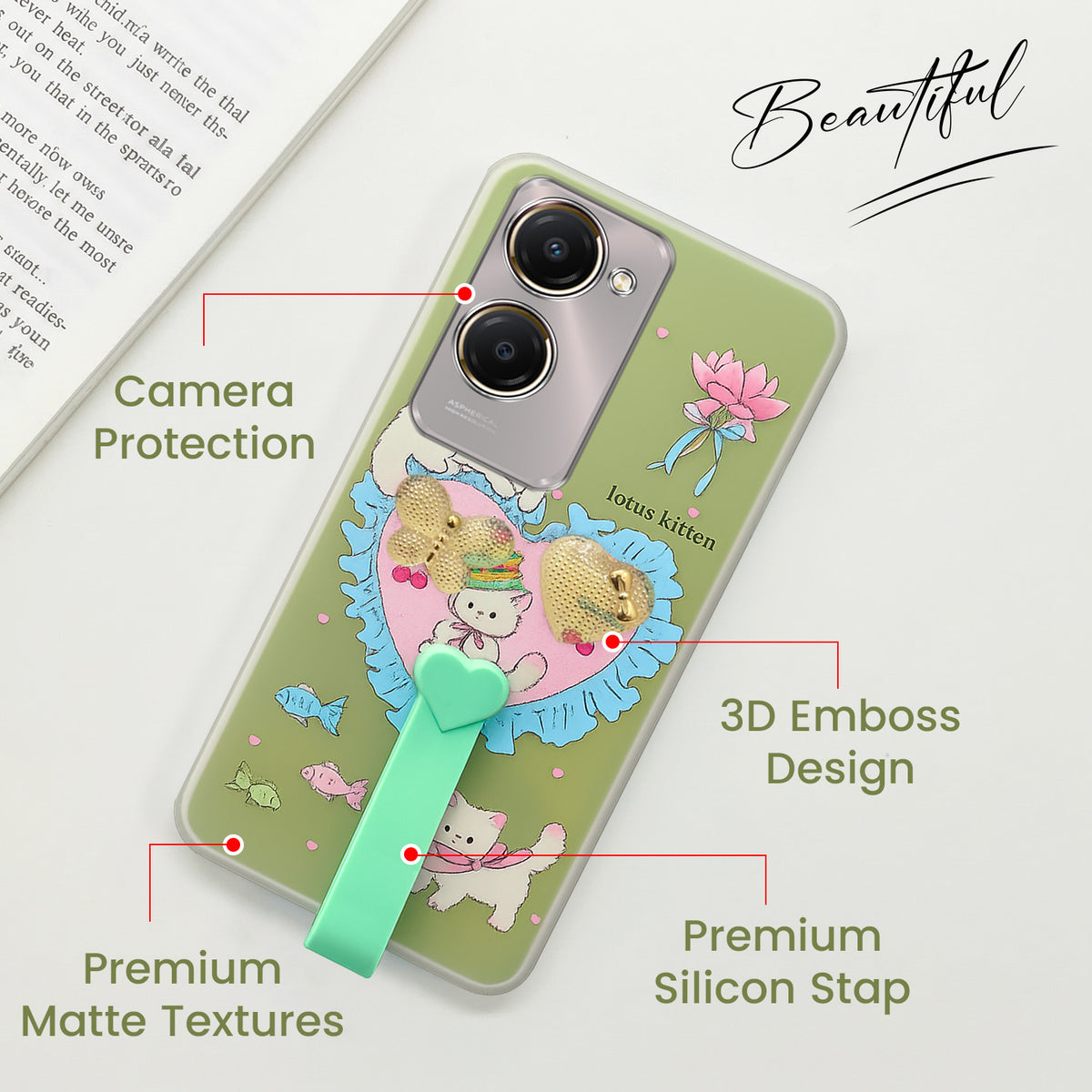 For Vivo Y28s 5G | Vivo T3 Lite 5G Back Cover Case (3D Cute Heart Strap Holder | Camera Protection | Designer Girls Print)