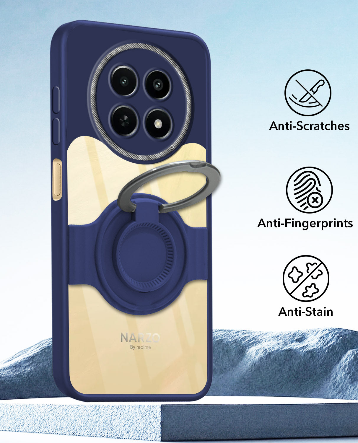 For Realme Narzo N65 5G Back Cover Case with stand (Built-in Ring Holder Kickstand | Lifetime Anti Yellow | Camera Protection)