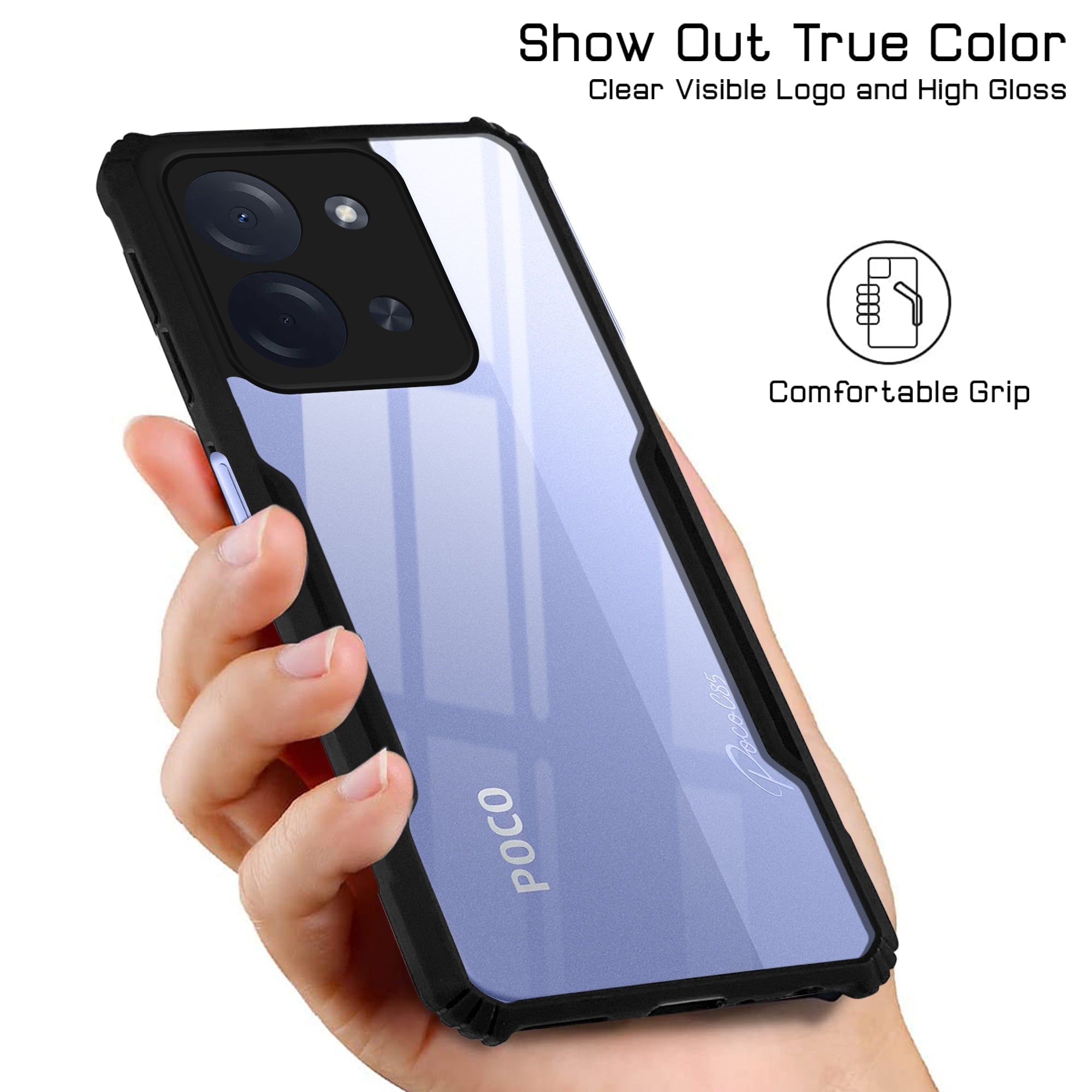 For Poco C85 5G Back Cover Case Hybrid (Shockproof with Polycarbonate Clear Panel | Professional Black)