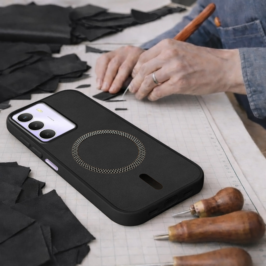 For Realme Narzo 80 Lite 5G Back Cover Case Leather Finish (MagSafe Compatible Wireless Charging | Soft Touch | Camera Bump Protection)