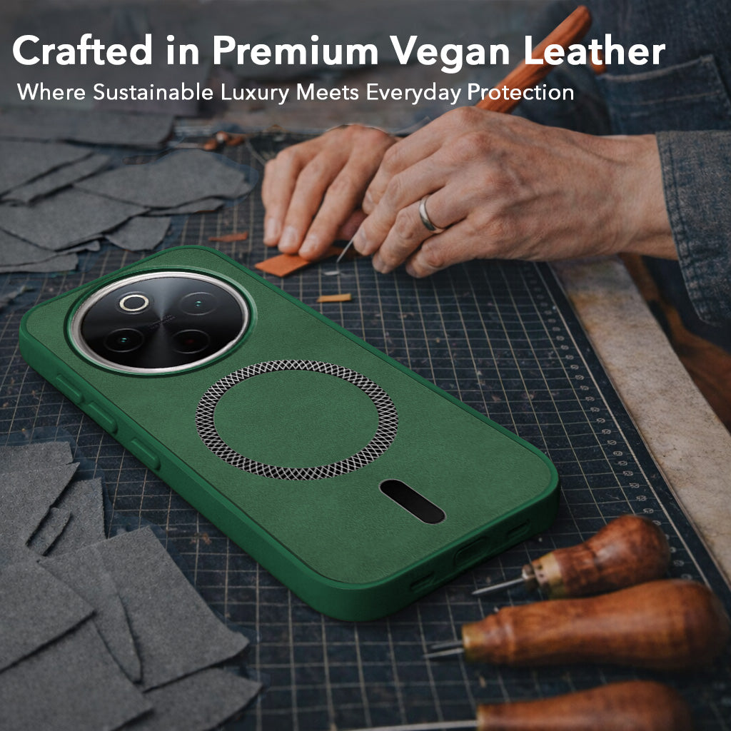 For Vivo T4 Back Cover Case Leather Finish (MagSafe Compatible Wireless Charging | Soft Touch | Camera Bump Protection)