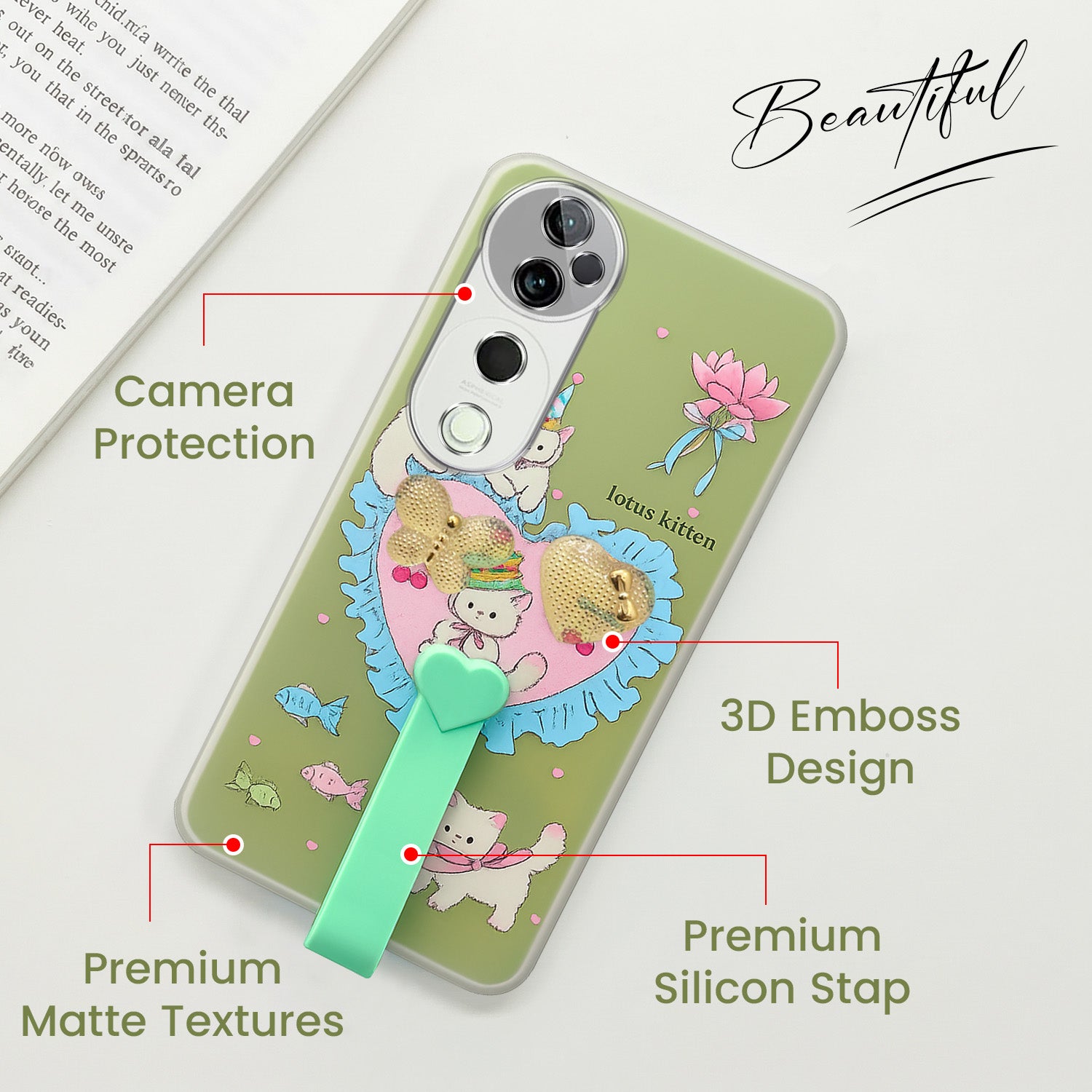 For Vivo T3 Ultra Back Cover Case (3D Cute Heart Strap Holder | Camera Protection | Designer Girls Print)