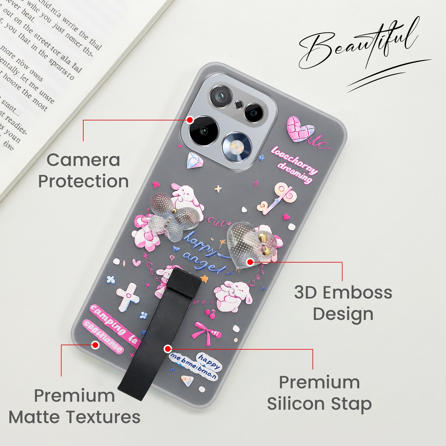 For Realme 16 Pro Back Cover Case (3D Cute Heart Strap Holder | Camera Protection | Designer Girls Print)