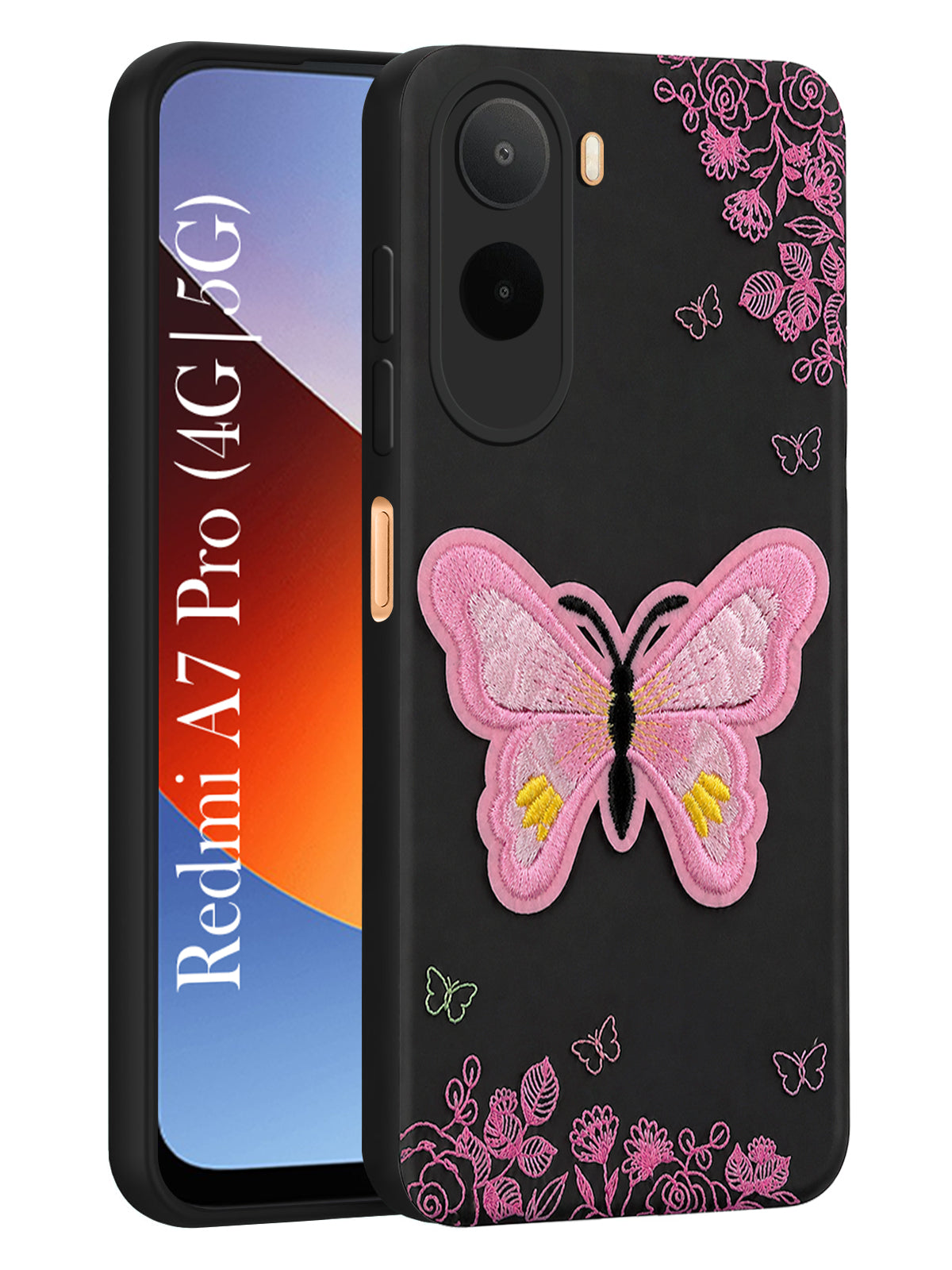 For Redmi A7 Pro 5G Back Cover Case (Soft Butterfly Embroidery | Women Teen Girls | Camera Protection| Matte Silicone)