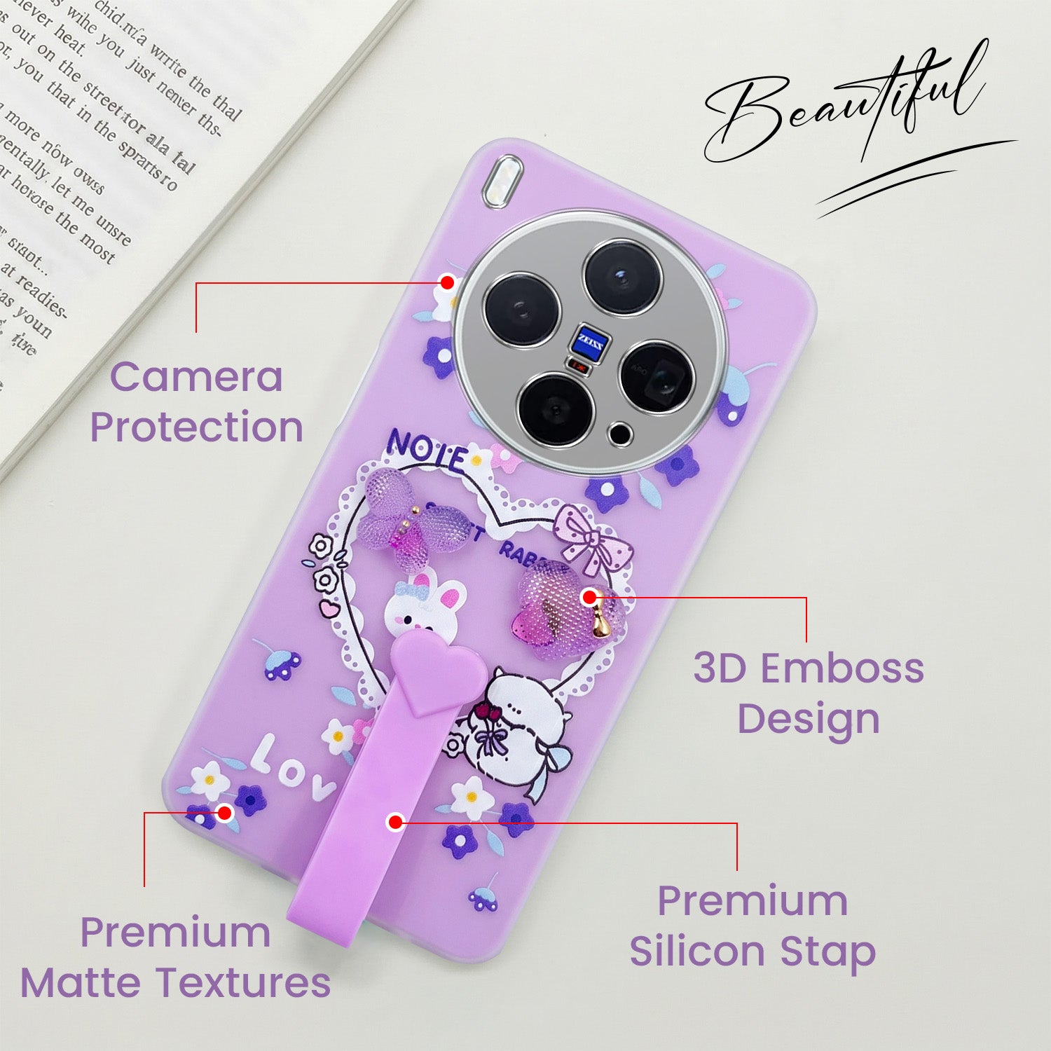 For Vivo X300 5G Back Cover Case (3D Cute Heart Strap Holder | Camera Protection | Designer Girls Print)
