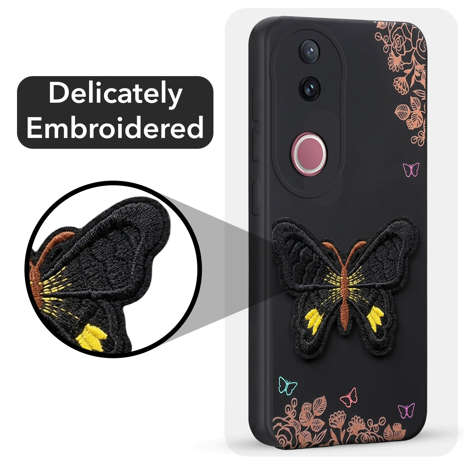 For Vivo V50 | Vivo V50e Back Cover Case (Soft Butterfly Embroidery | Women Teen Girls | Camera Protection| Matte Silicone)