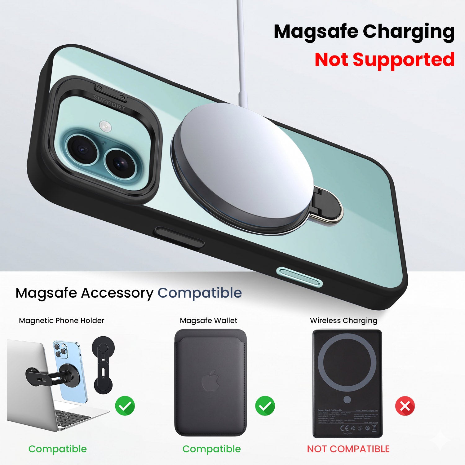 For Apple iPhone 16 Back Cover Case Crystal (Lifetime Anti Yellow | Magnetic Ring Stand | Camera Lens Protection | MagSafe Compatible)