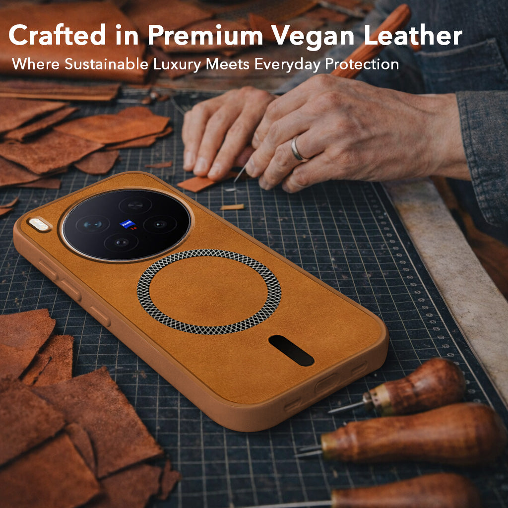 For Vivo X300 Pro Back Cover Case Leather Finish (MagSafe Compatible Wireless Charging | Soft Touch | Camera Bump Protection)