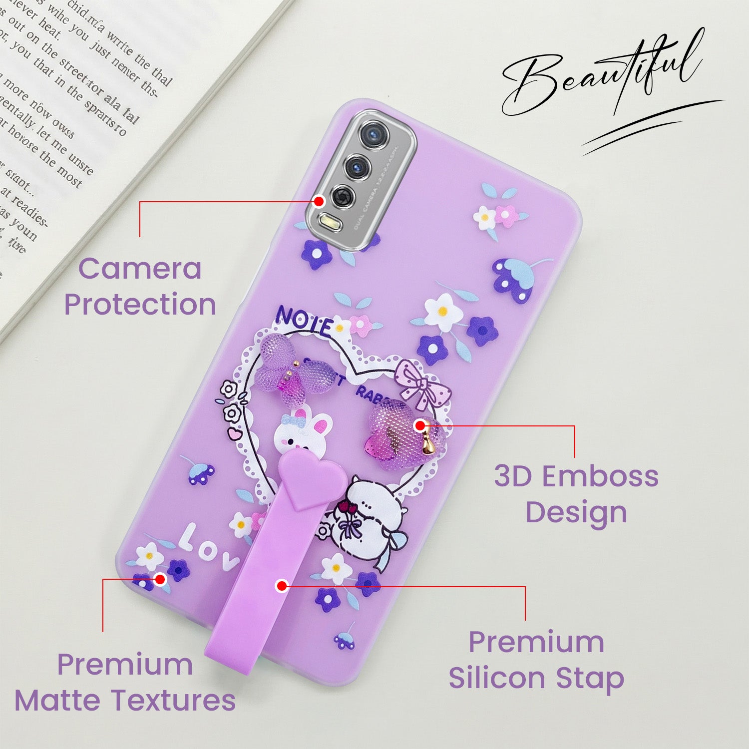 For Vivo Y12s | Y11s | Y12G Back Cover Case (3D Cute Heart Strap Holder | Camera Protection | Designer Girls Print)