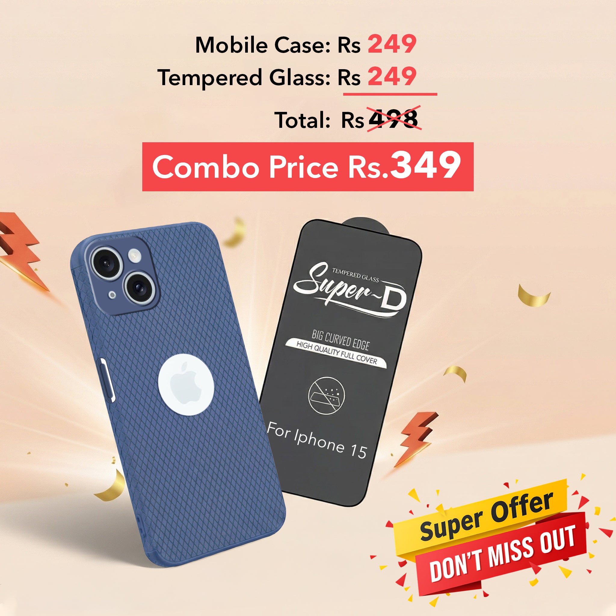 For Apple iPhone 15 Combo with Back Cover and 9H Tempered Glass (Liquid Silicone | Camera Protection | Oleophobic Coating Screen Glass)