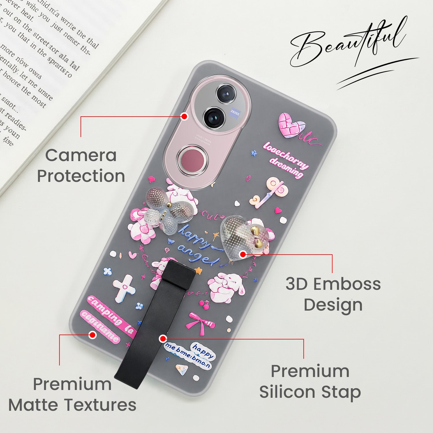 For Vivo V50 | Vivo V50e Back Cover Case (3D Cute Heart Strap Holder | Camera Protection | Designer Girls Print)