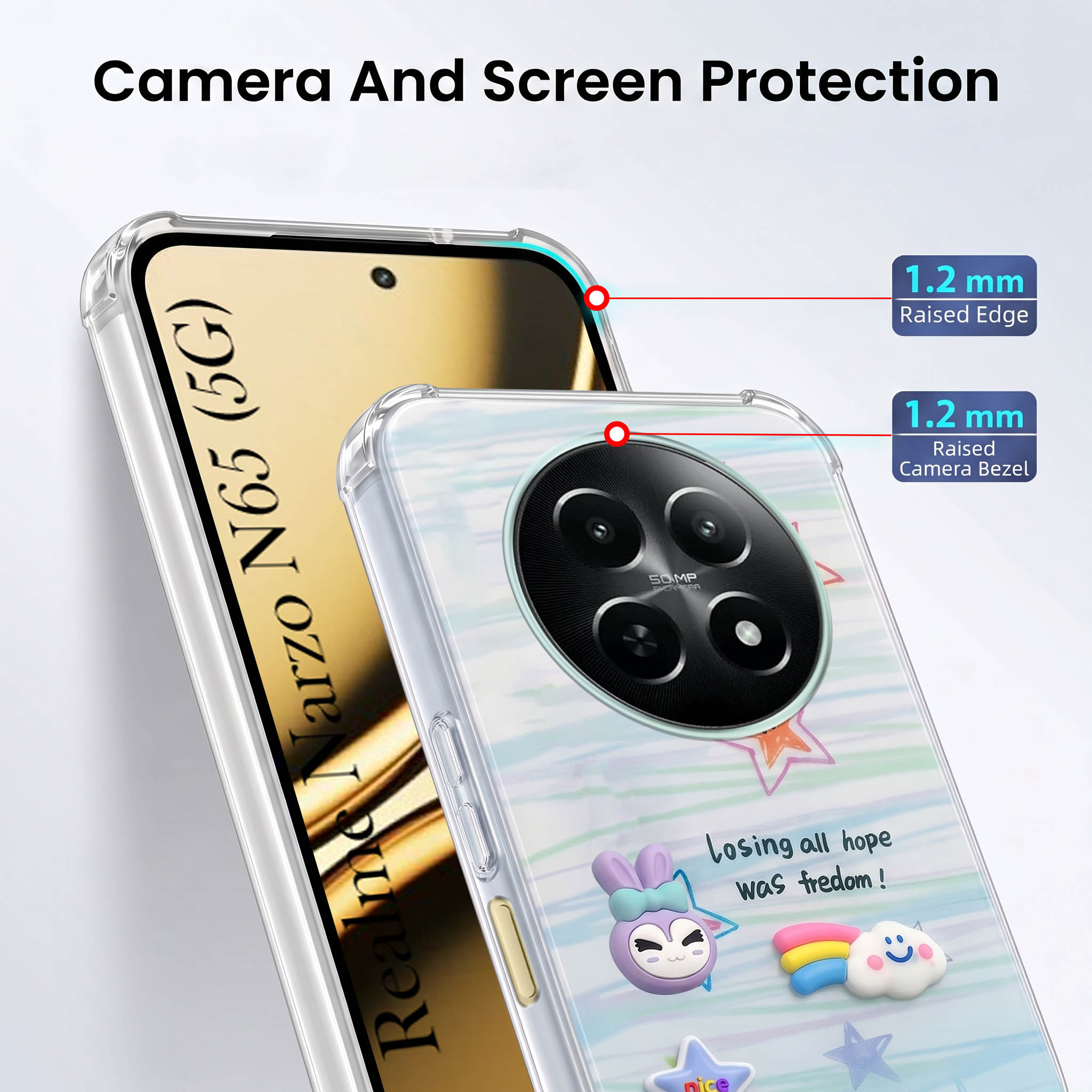 For Realme Narzo N65 5G Back Cover Case (3D Cute Cartoons | Hard Back Side Soft | Matte Premium Finish | HD Printing)