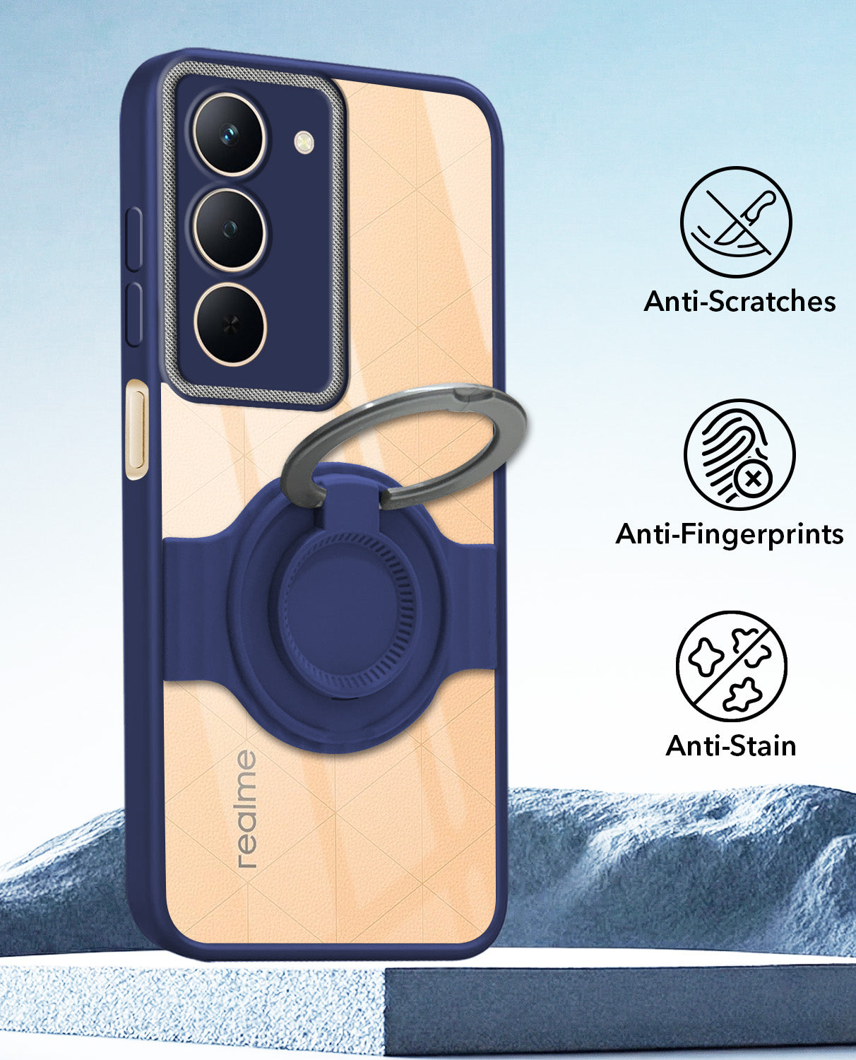 For Realme P3x Back Cover Case with stand (Built-in Ring Holder Kickstand | Lifetime Anti Yellow | Camera Protection)