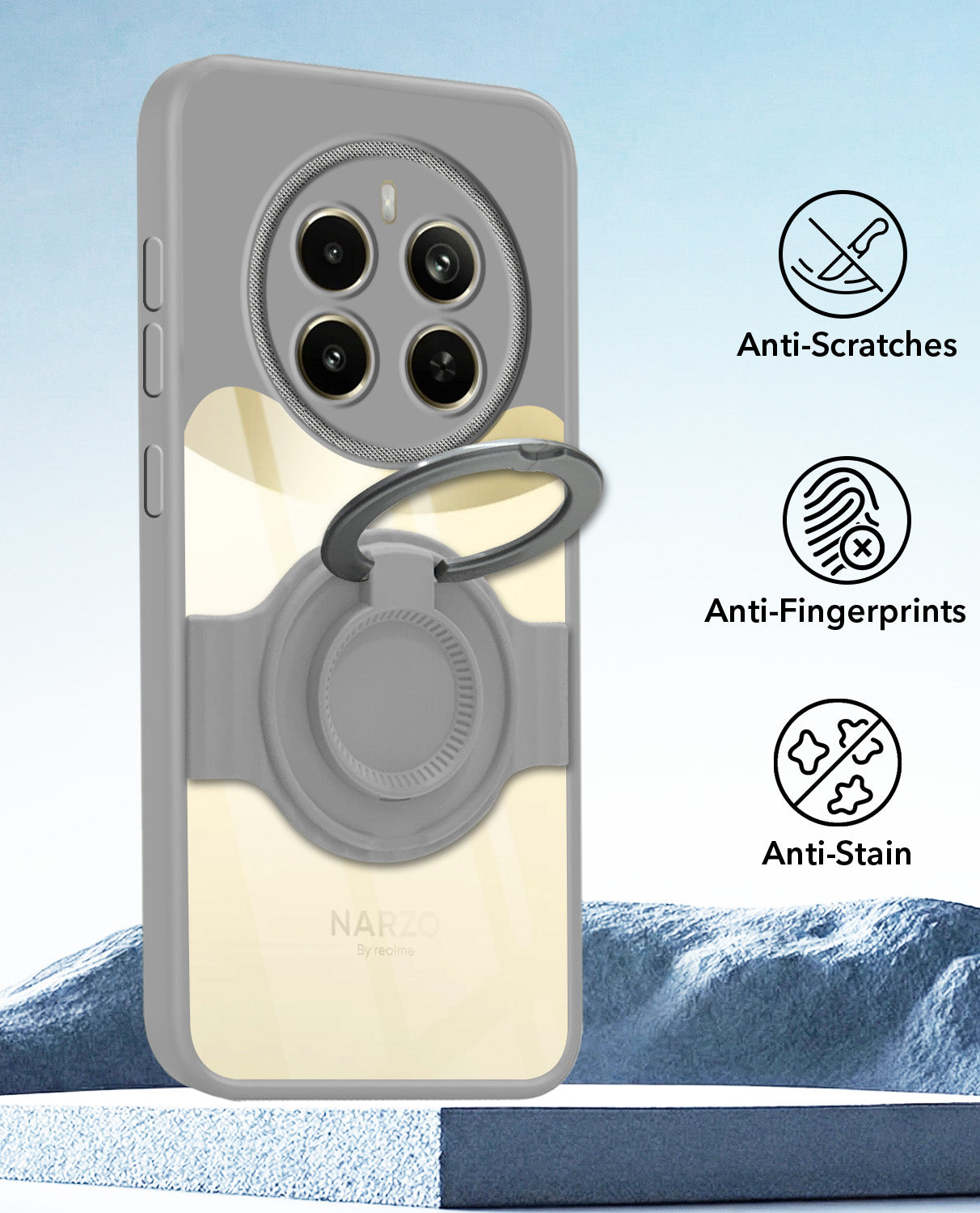For Realme Narzo 70 Pro Back Cover Case with stand (Built-in Ring Holder Kickstand | Lifetime Anti Yellow | Camera Protection)