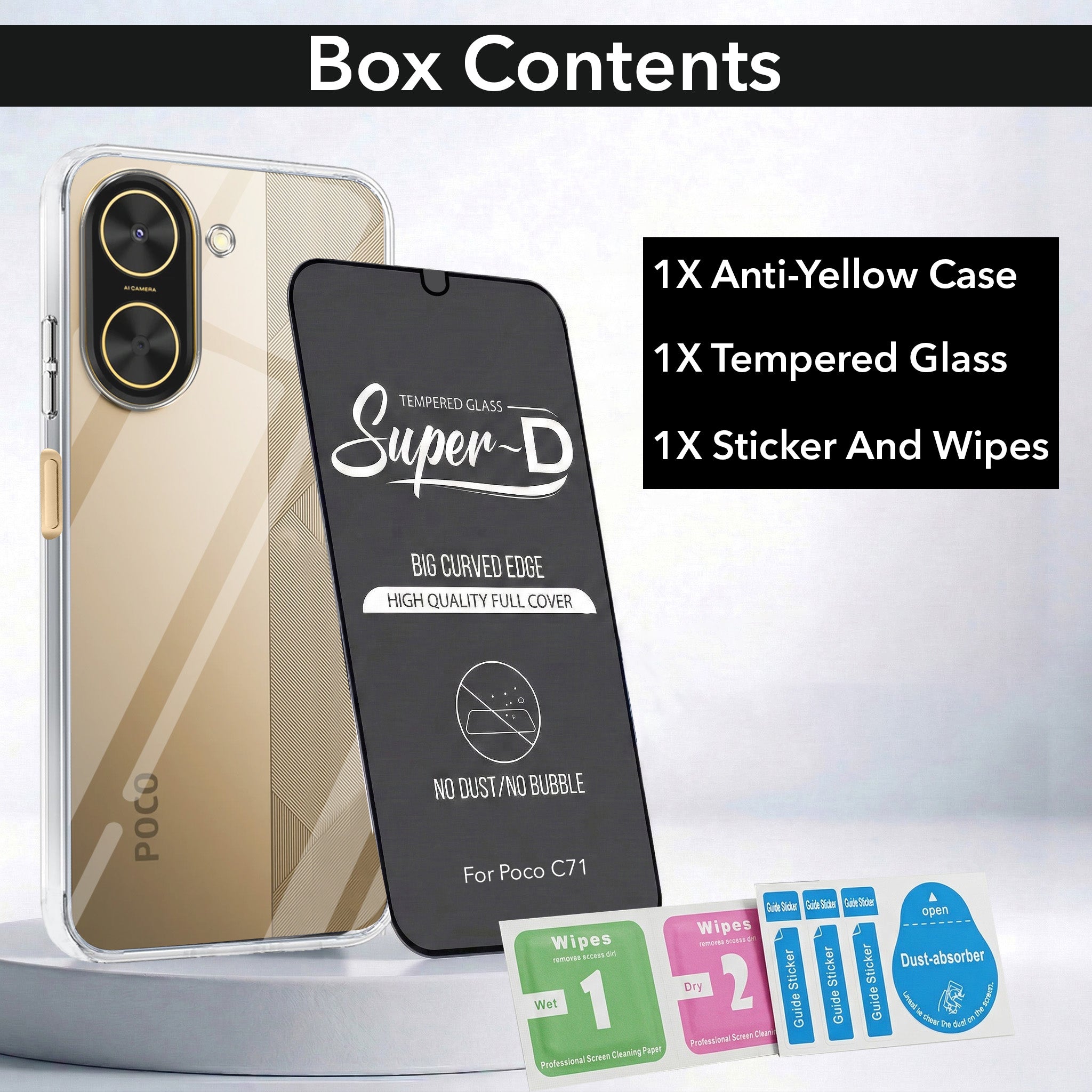 For Poco C71 Combo with Back Cover and 9H Tempered Glass (Lifetime Anti-Yellow | Sleek Hard Crystal | Oleophobic Coating Screen Glass)