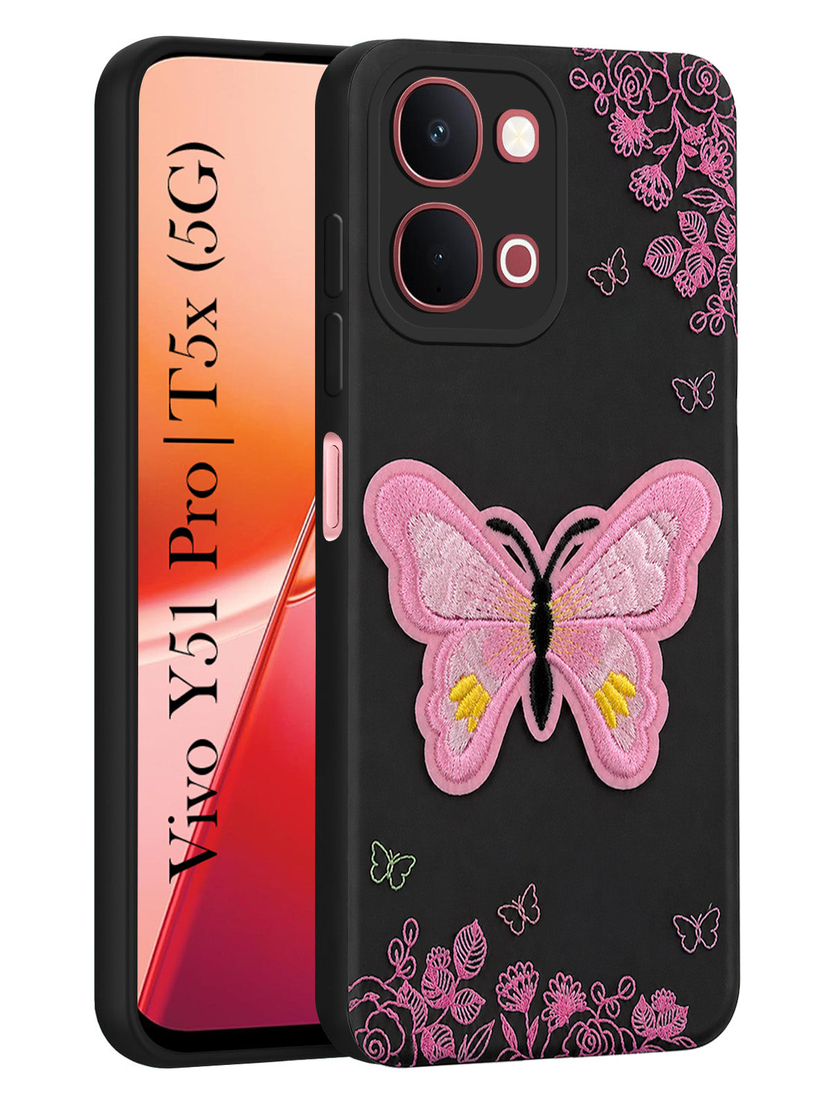 For Vivo Y51 Pro 5G | Vivo T5x Back Cover Case (Soft Butterfly Embroidery | Women Teen Girls | Camera Protection| Matte Silicone)