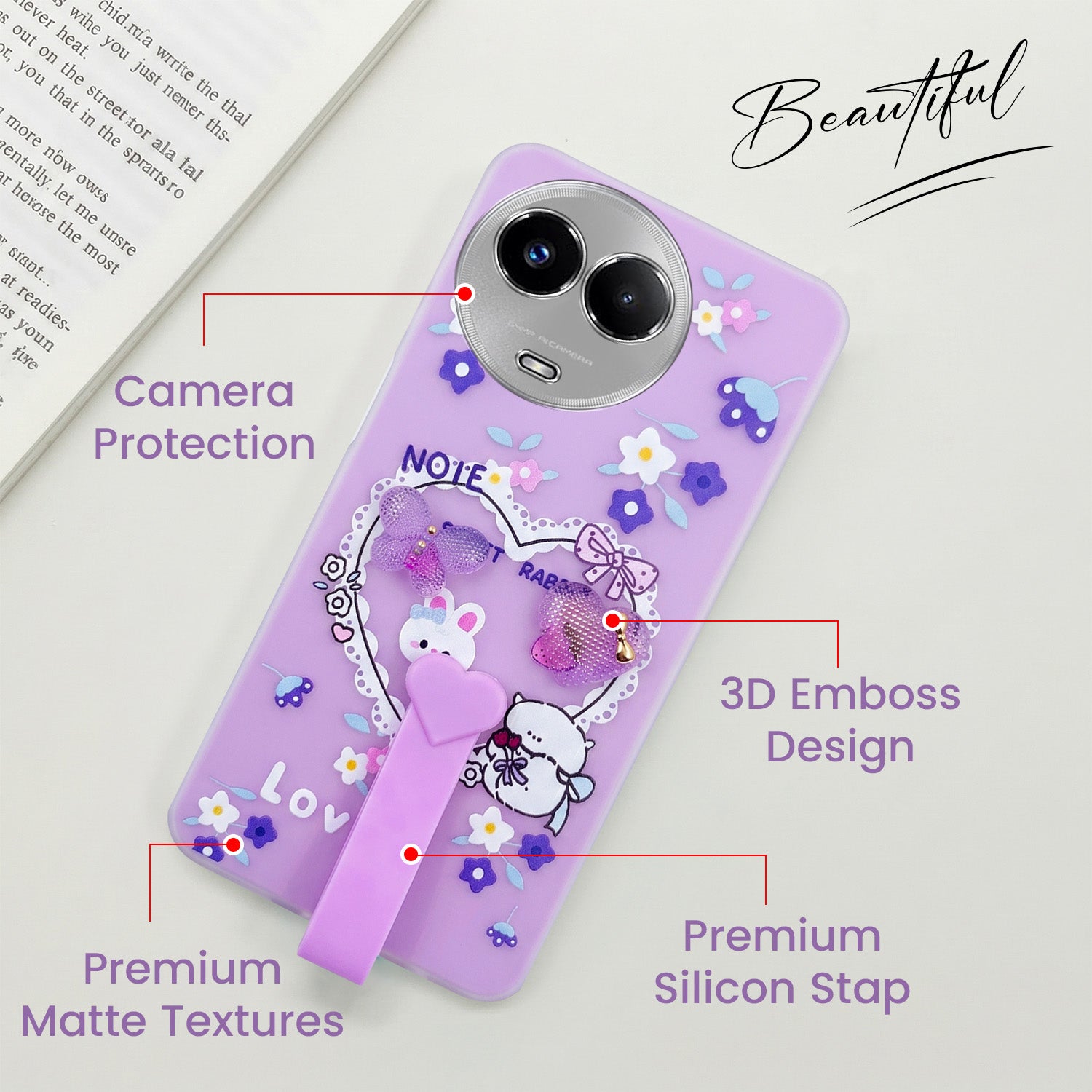 For Realme Narzo 60x Back Cover Case (3D Cute Heart Strap Holder | Camera Protection | Designer Girls Print)