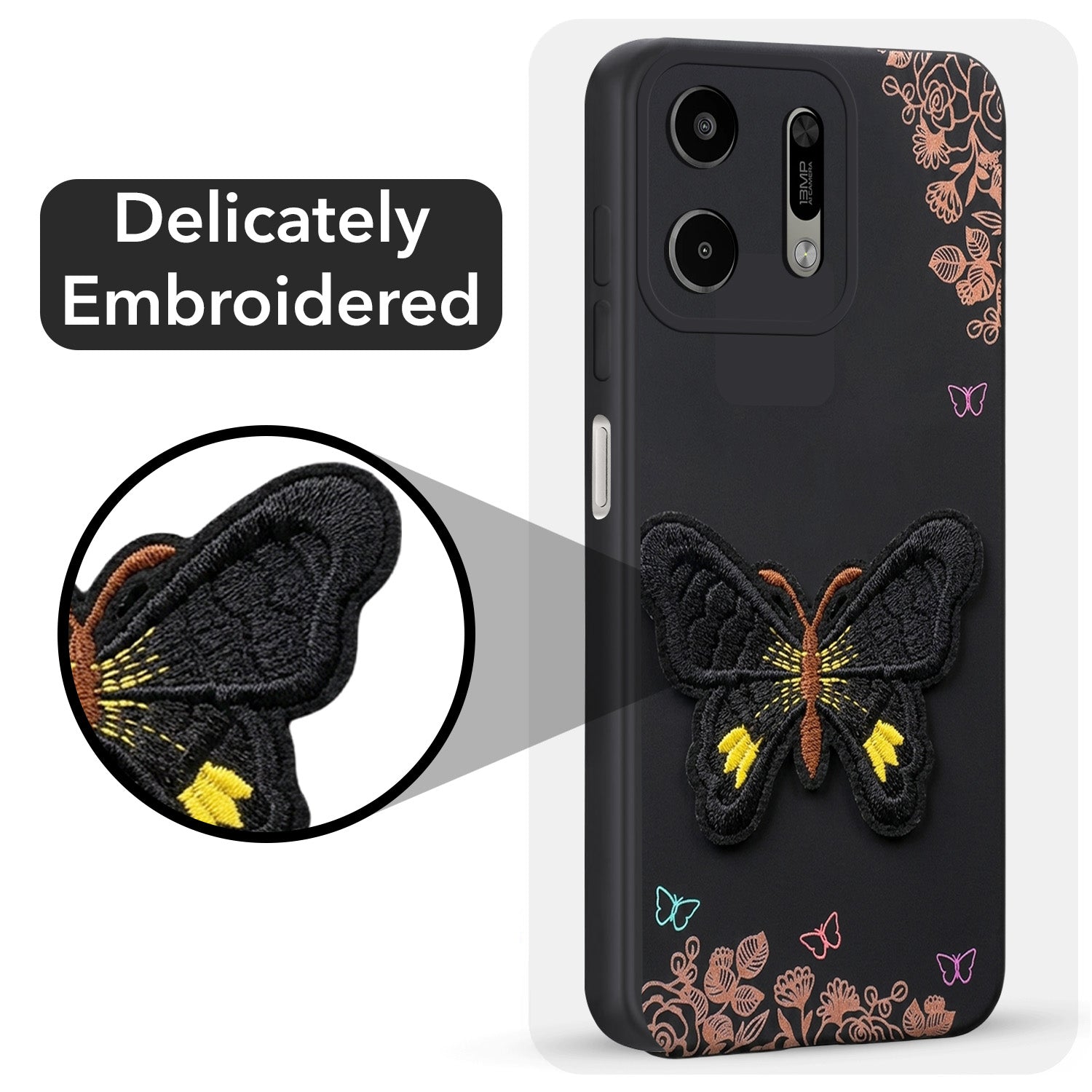For Lava Virat V1 5G Back Cover Case (Soft Butterfly Embroidery | Women Teen Girls | Camera Protection| Matte Silicone)