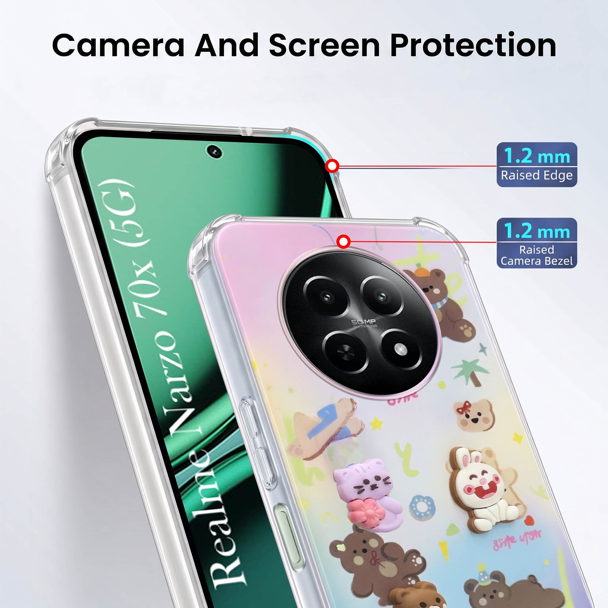 For Realme Narzo 70x 5G Back Cover Case (3D Cute Cartoons | Hard Back Side Soft | Matte Premium Finish | HD Printing)
