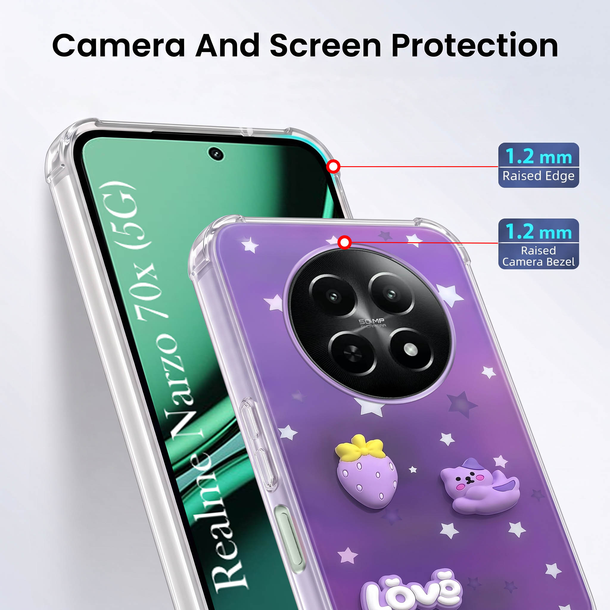 For Realme Narzo 70x 5G Back Cover Case (3D Cute Cartoons | Hard Back Side Soft | Matte Premium Finish | HD Printing)