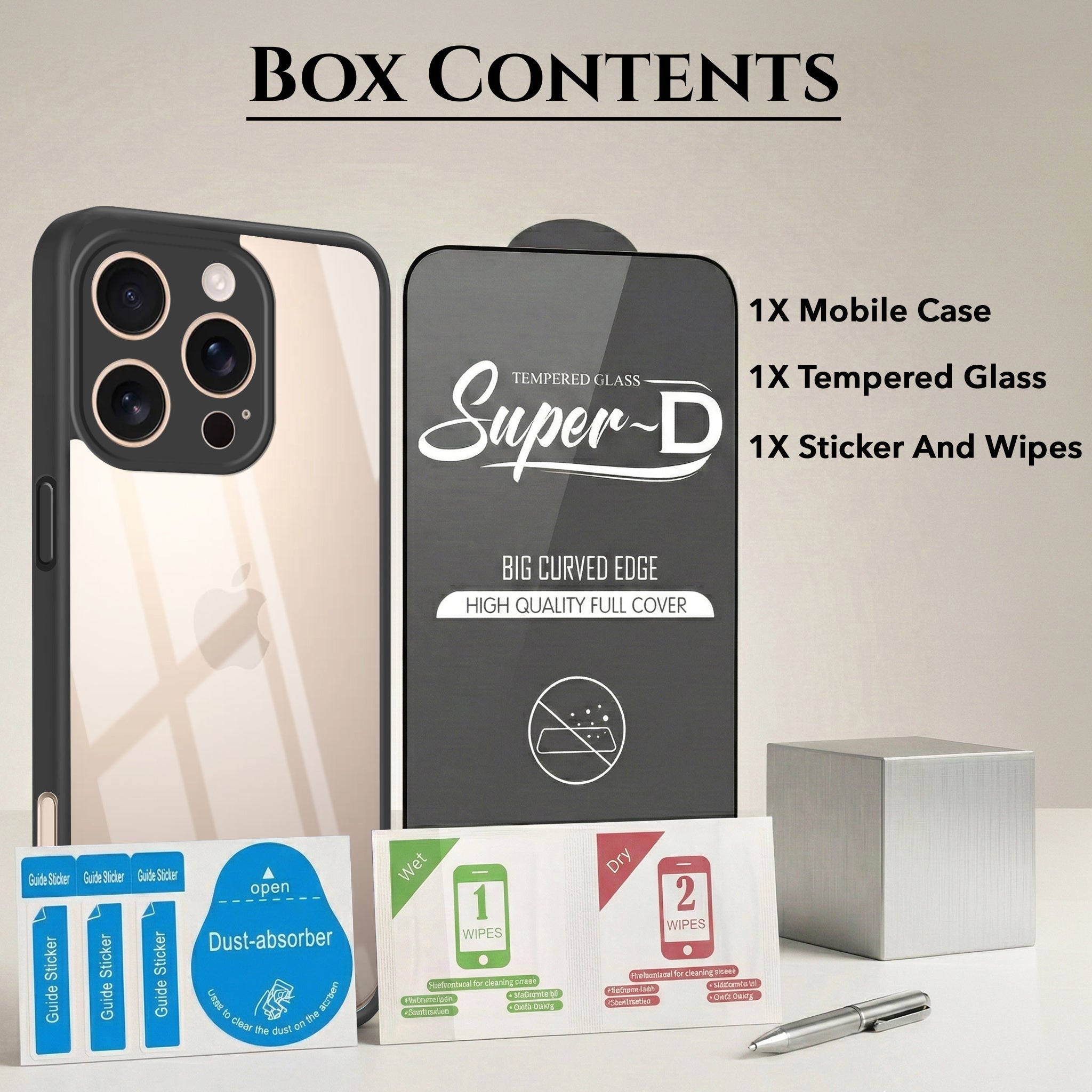 For Apple iPhone 16 Pro Combo with Back Cover and 9H Tempered Glass (Lifetime Anti-Yellow | Crystal Clear Shockproof | Oleophobic Coating Screen Glass)