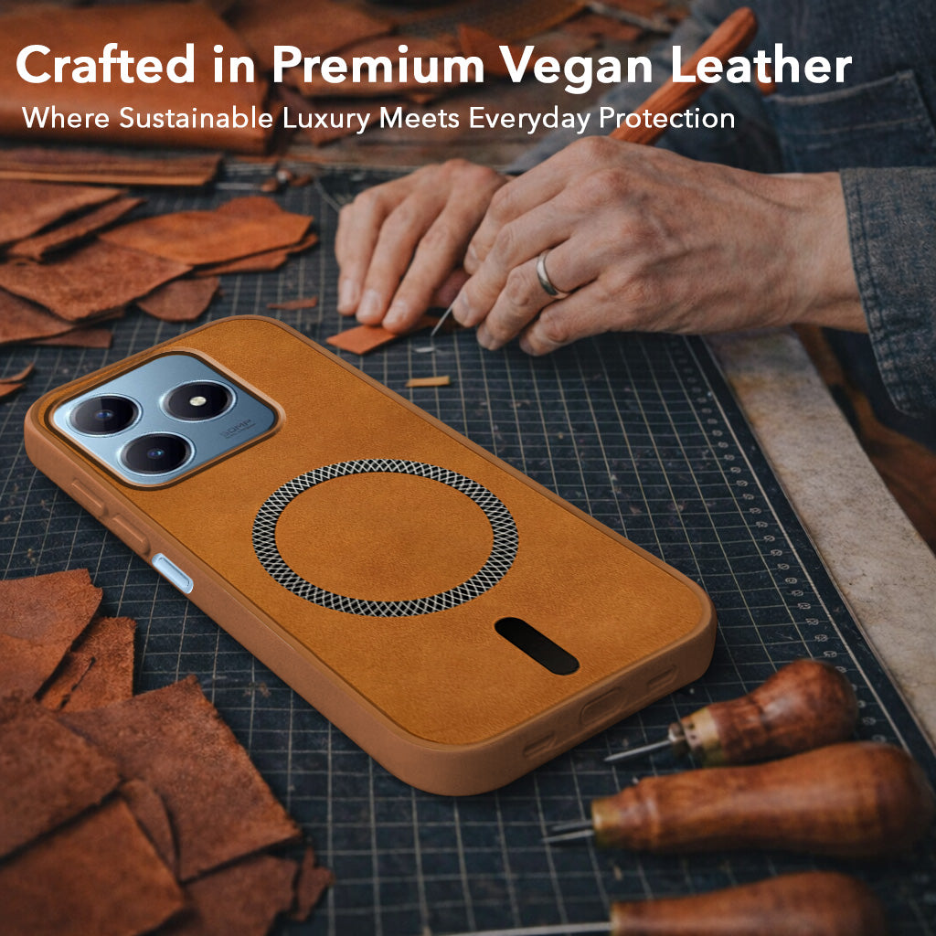 For Realme Narzo N63 Back Cover Case Leather Finish (MagSafe Compatible Wireless Charging | Soft Touch | Camera Bump Protection)