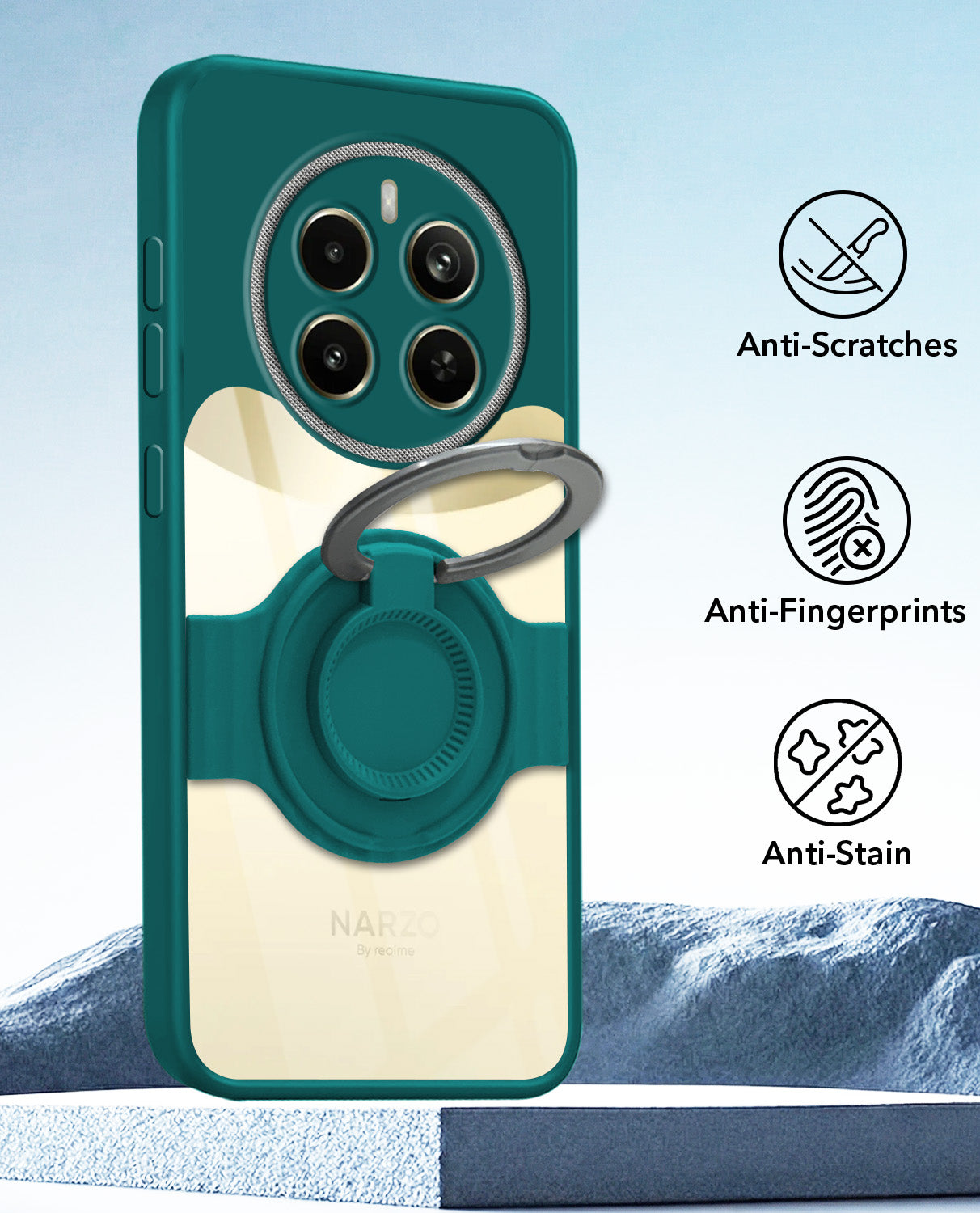 For Realme Narzo 70 Pro Back Cover Case with stand (Built-in Ring Holder Kickstand | Lifetime Anti Yellow | Camera Protection)