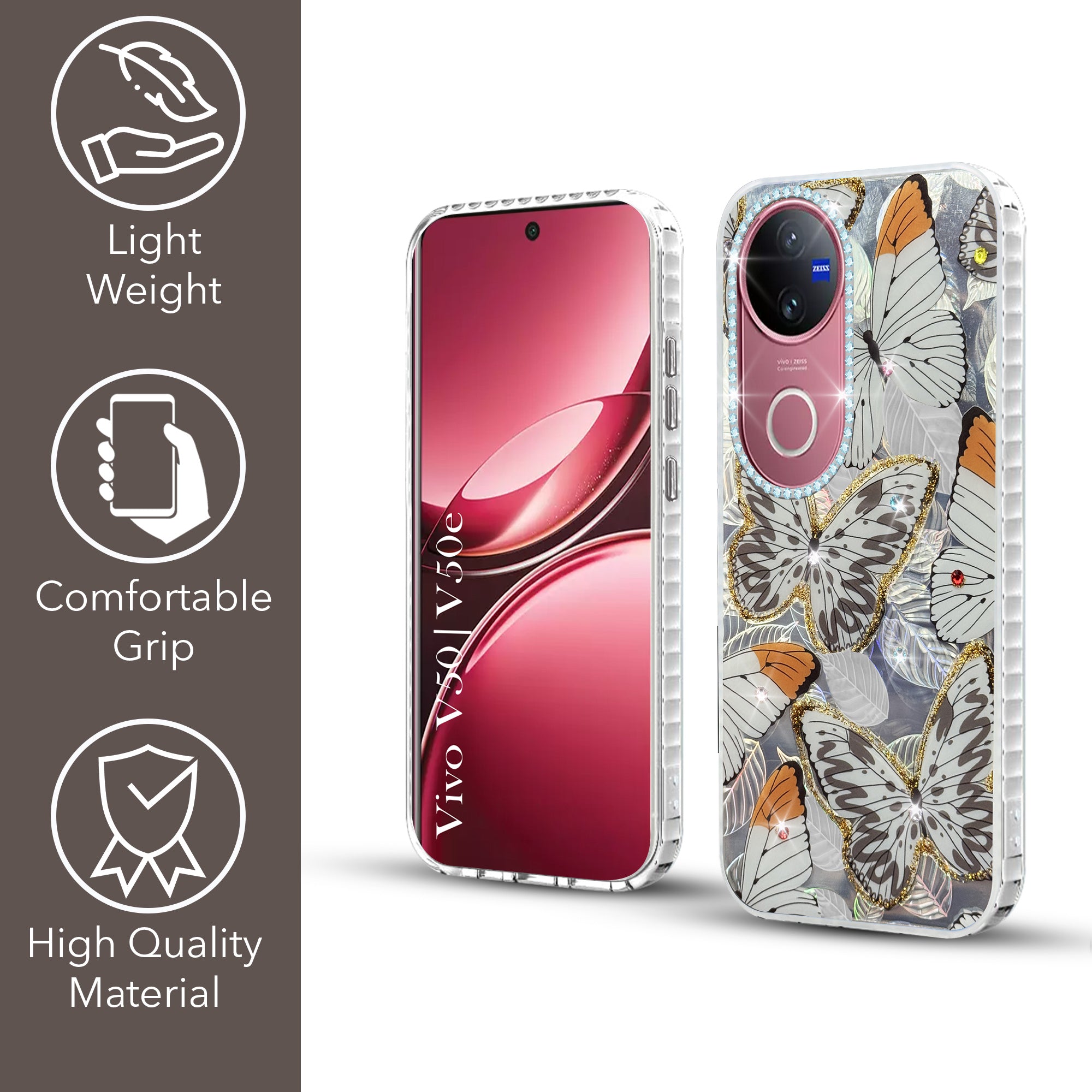 For Vivo V50 | Vivo V50e Back Cover Case (Luxury Floral Glitter Cute Butterfly | Diamond Studded Camera Bump | Girls & Women Design)