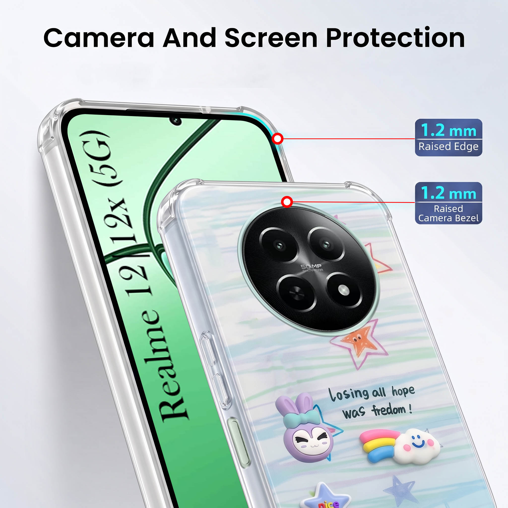 For Realme 12 | Realme 12X Back Cover Case (3D Cute Cartoons | Hard Back Side Soft | Matte Premium Finish | HD Printing)