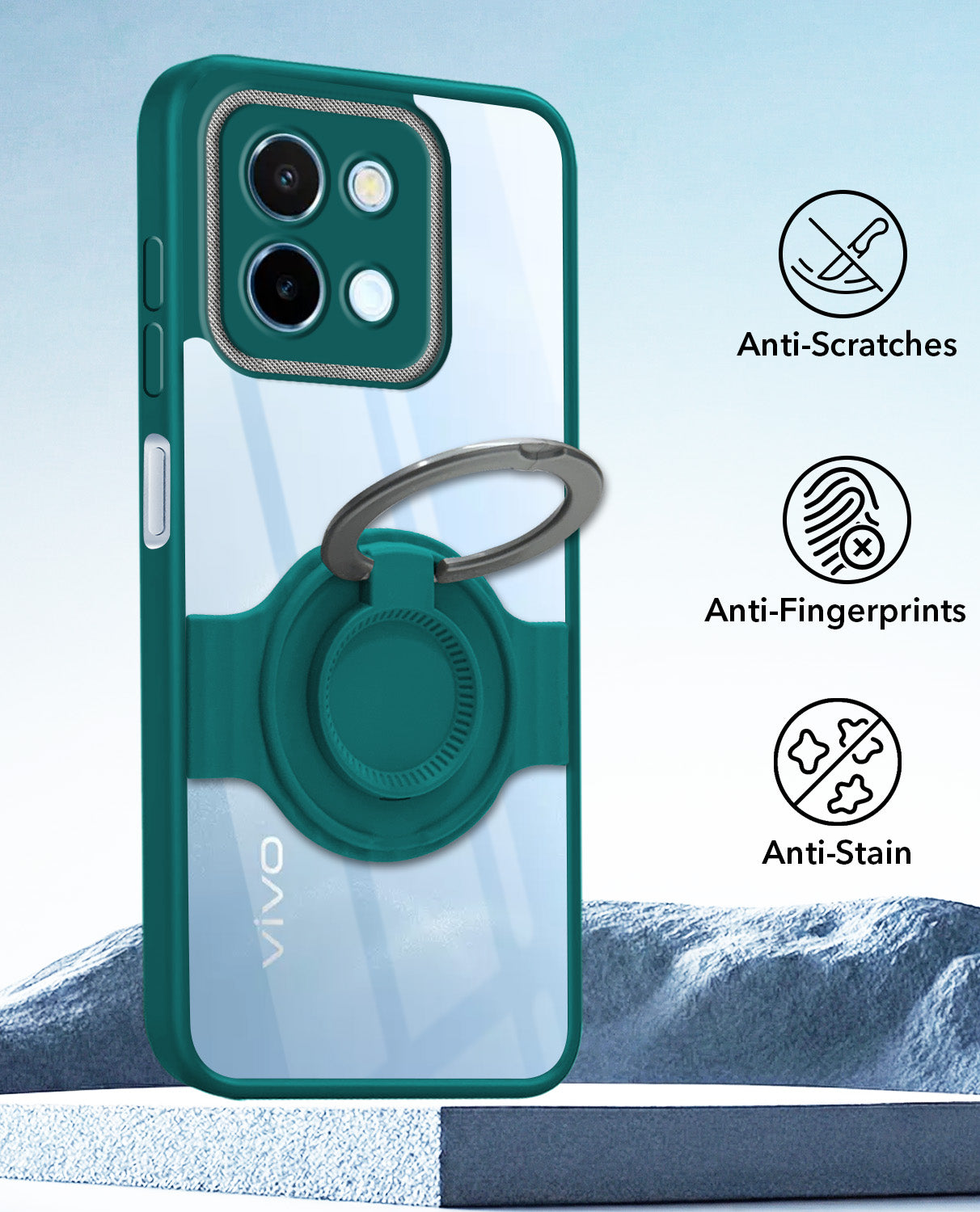 For Vivo Y58 5G Back Cover Case with stand (Built-in Ring Holder Kickstand | Lifetime Anti Yellow | Camera Protection)