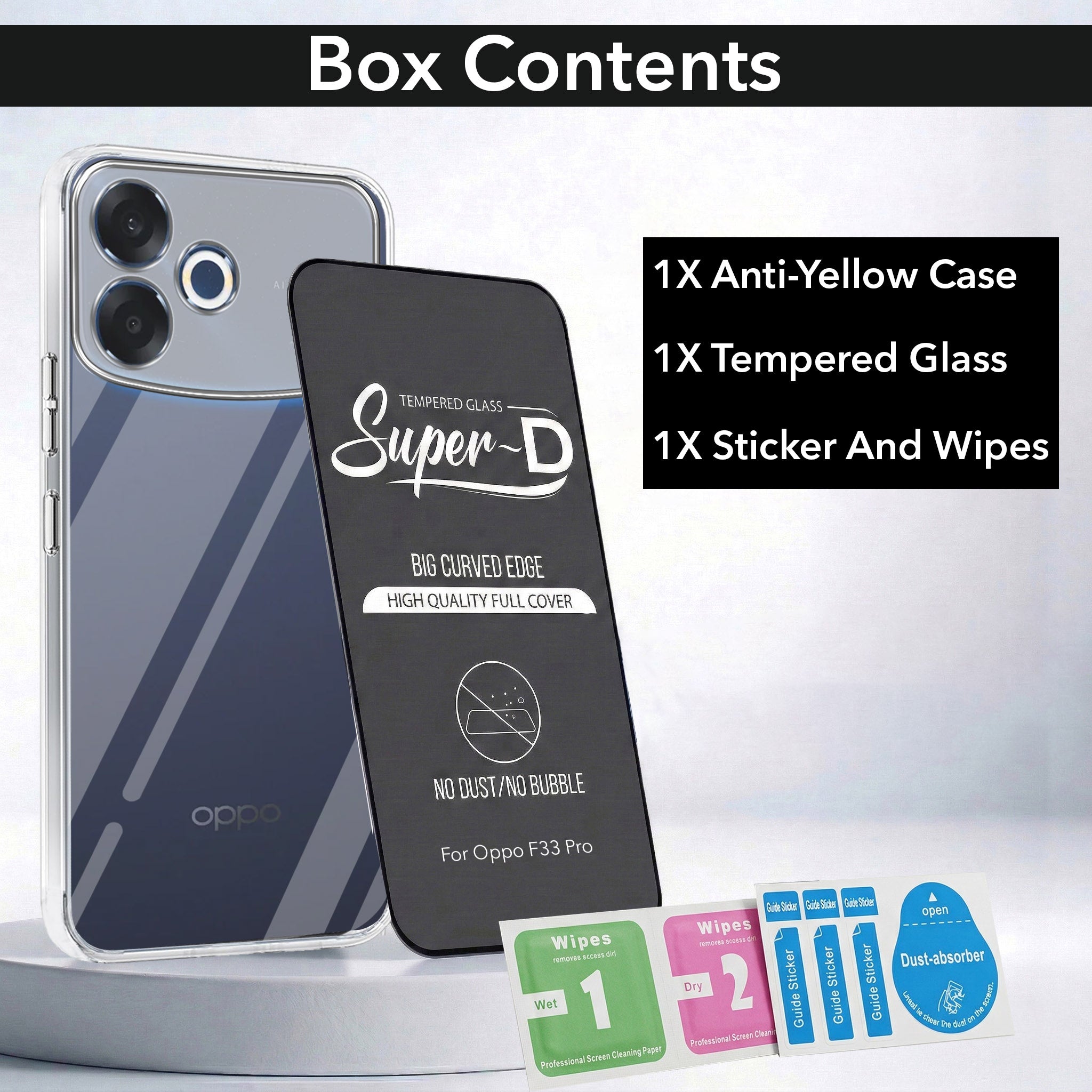 For Oppo F33 Pro Combo with Back Cover and 9H Tempered Glass (Lifetime Anti-Yellow | Sleek Hard Crystal | Oleophobic Coating Screen Glass)