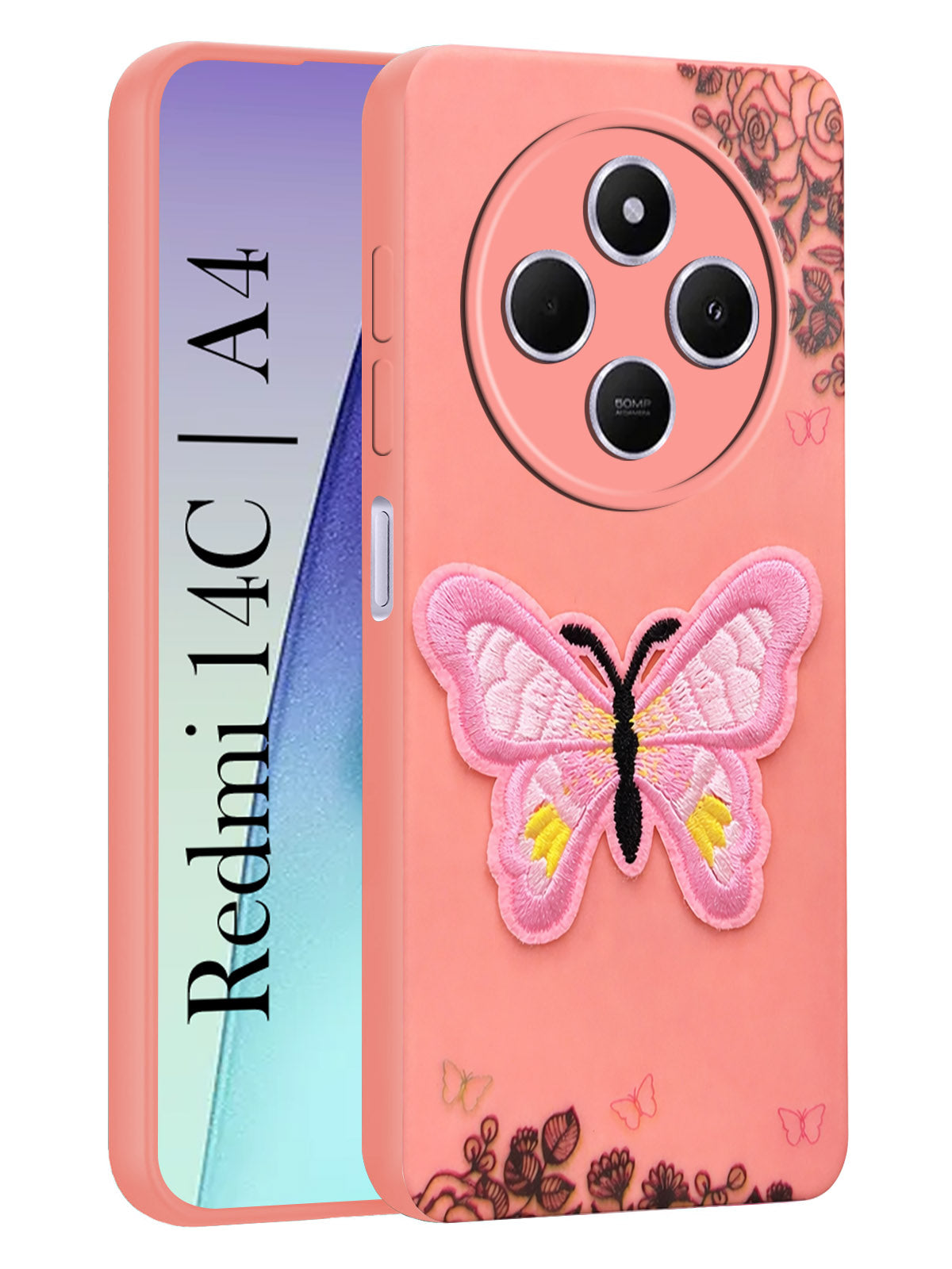For Redmi A4 5G | Xiaomi Redmi 14C Back Cover Case (Soft Butterfly Embroidery | Women Teen Girls | Camera Protection| Matte Silicone)