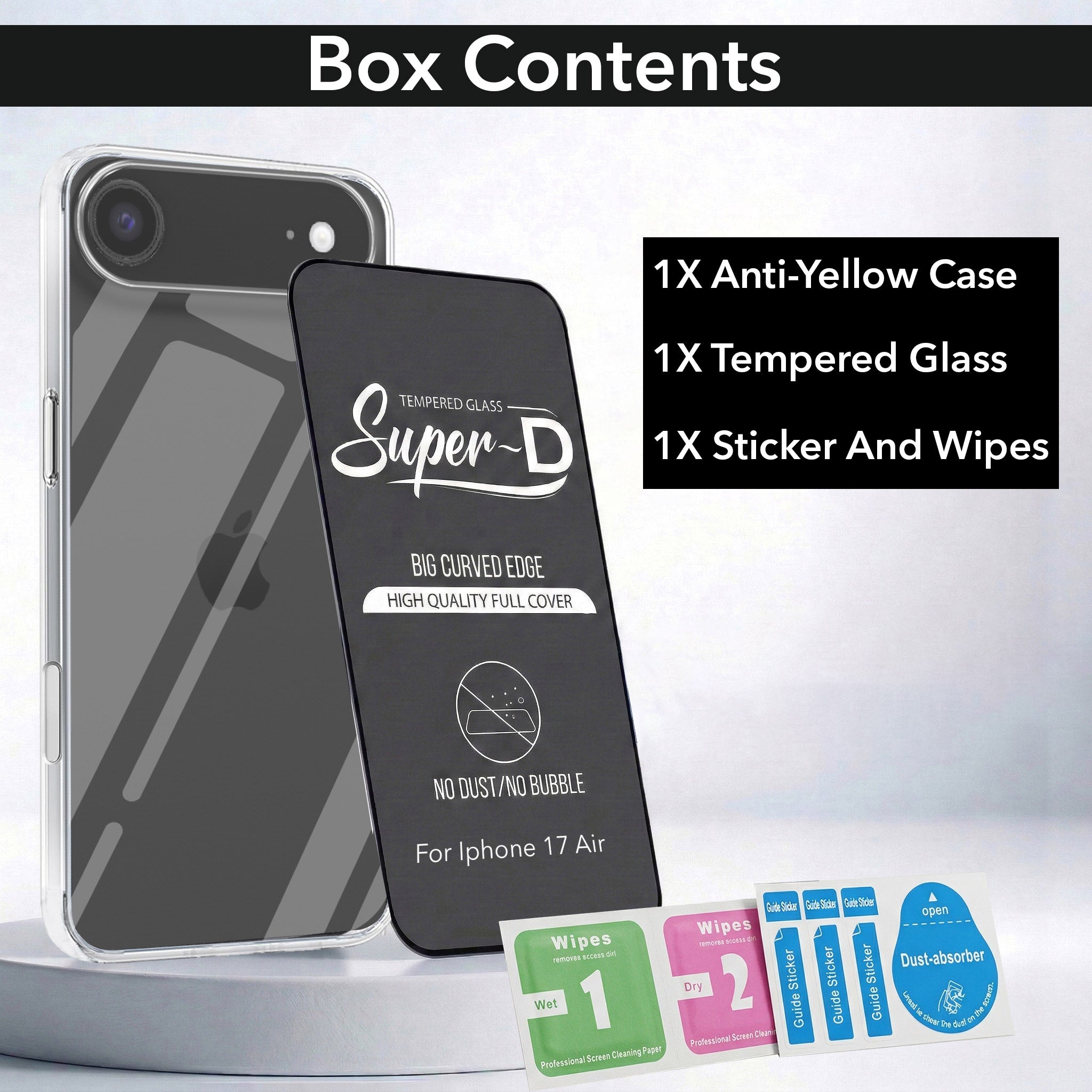 For Apple iPhone 17 Air Combo with Back Cover and 9H Tempered Glass (Lifetime Anti-Yellow | Sleek Hard Crystal | Oleophobic Coating Screen Glass)