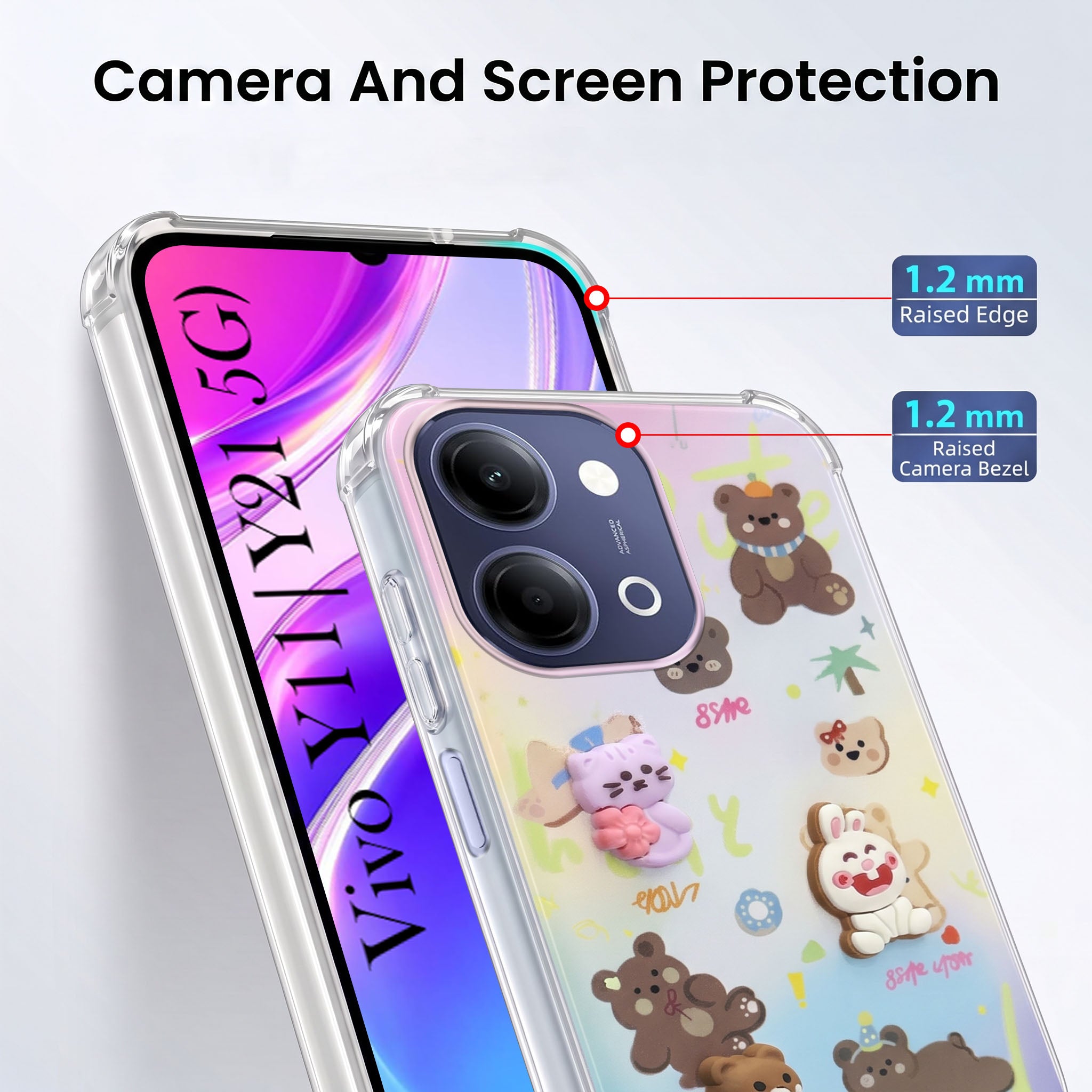 For Vivo Y11 | Vivo Y21 5G Back Cover Case (3D Cute Cartoons | Hard Back Side Soft | Matte Premium Finish | HD Printing)