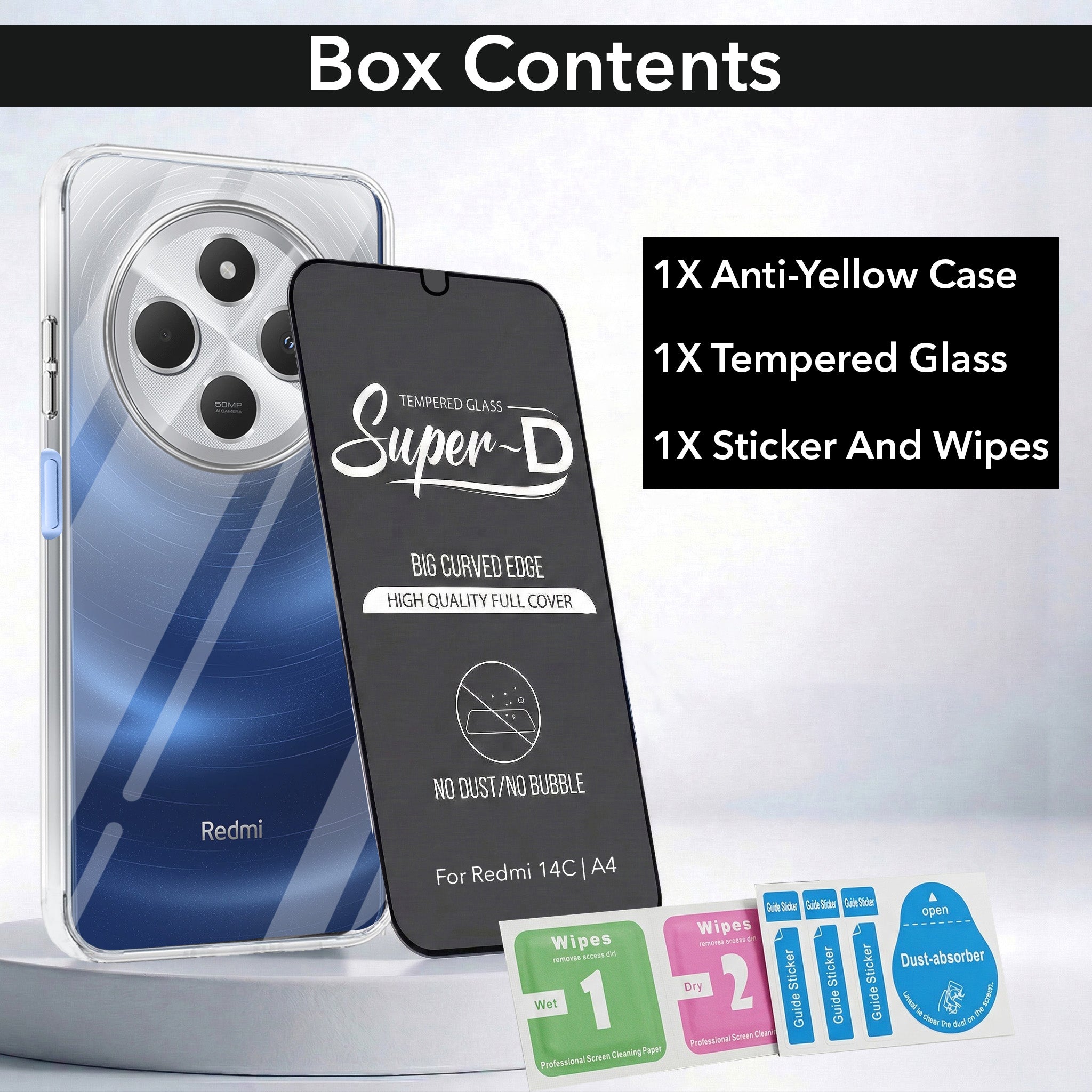 For Redmi A4 5G | Xiaomi Redmi 14C Combo with Back Cover and 9H Tempered Glass (Lifetime Anti-Yellow | Sleek Hard Crystal | Oleophobic Coating Screen Glass)